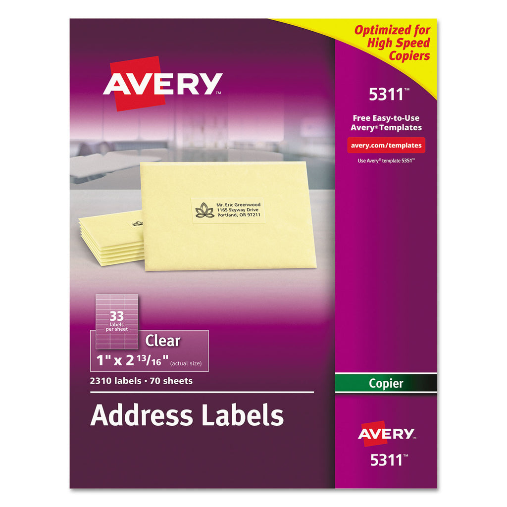 Copier Mailing Labels, Copiers, 1 x 2.81, Clear, 33/Sheet, 70 Sheets/Pack - 
