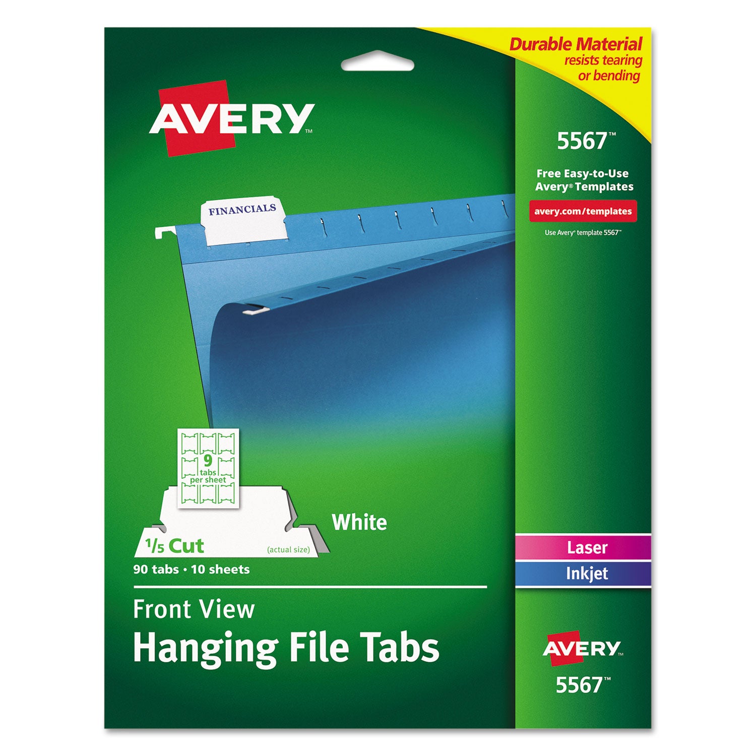 Laser Printable Hanging File Tabs, 1/5-Cut, White, 2.06" Wide, 90/Pack - 