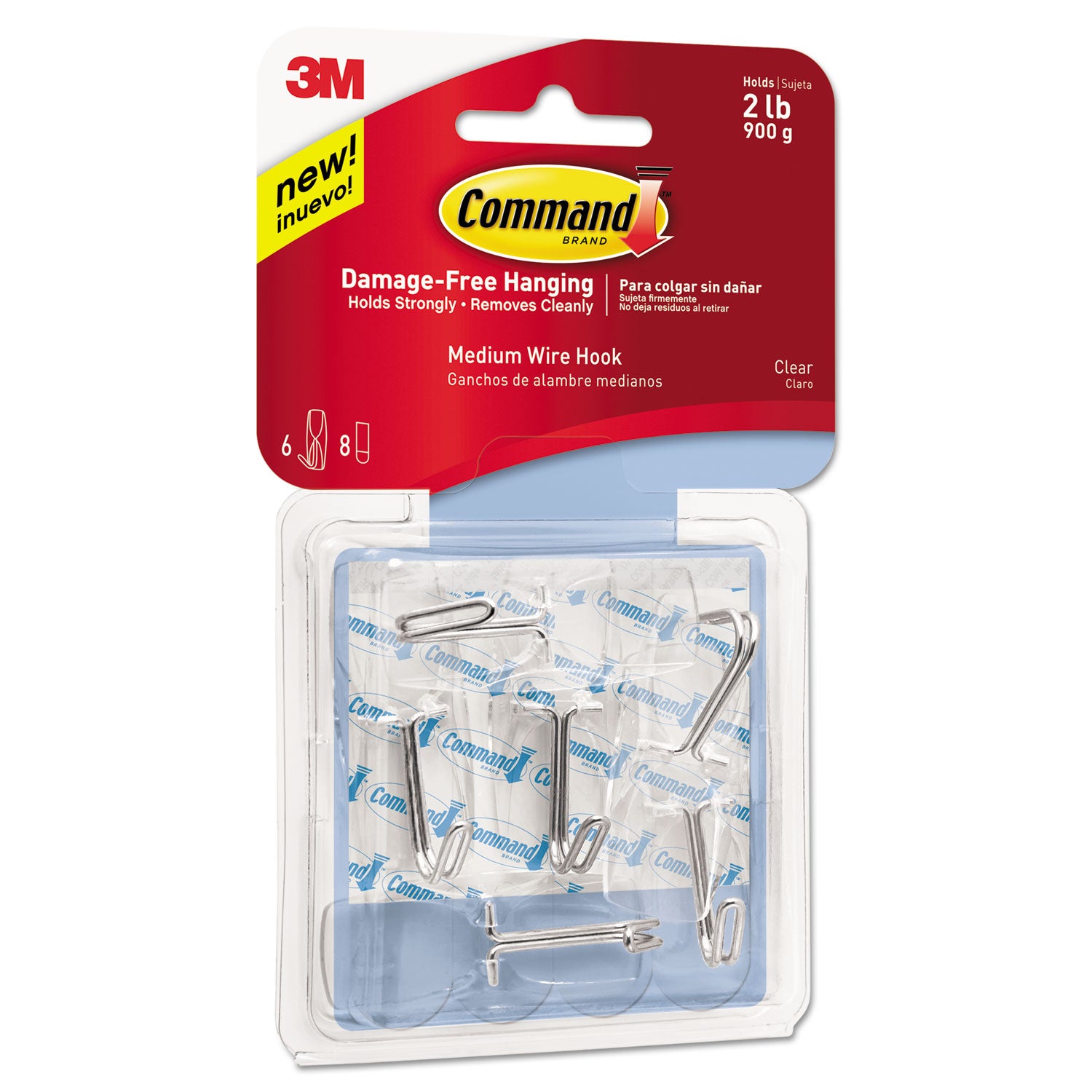 Clear Hooks and Strips, Medium, Plastic, 2 lb Capacity, 6 Hooks and 8 Strips/Pack - 