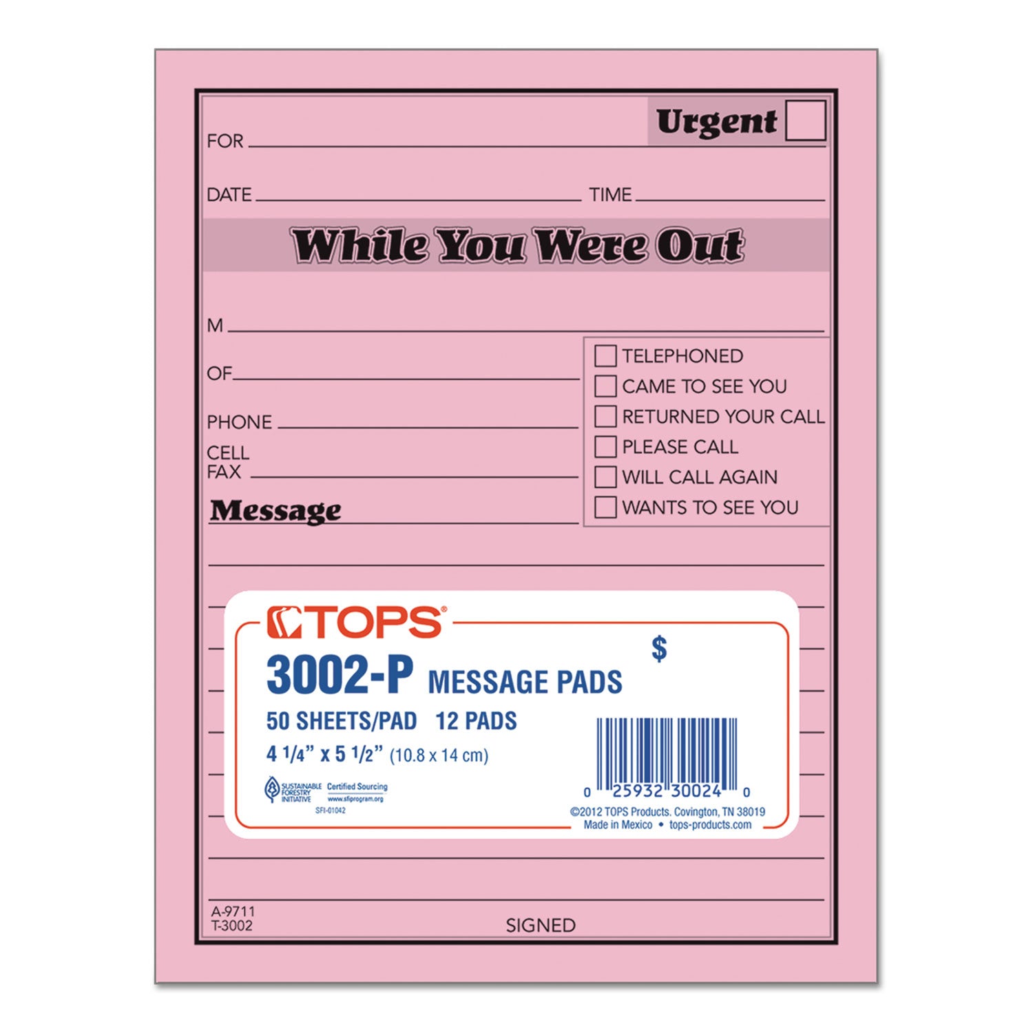 Pink Message Pad, One-Part (No Copies), 4.25 x 5.5, 50 Forms/Pad, 12 Pads/Pack - 