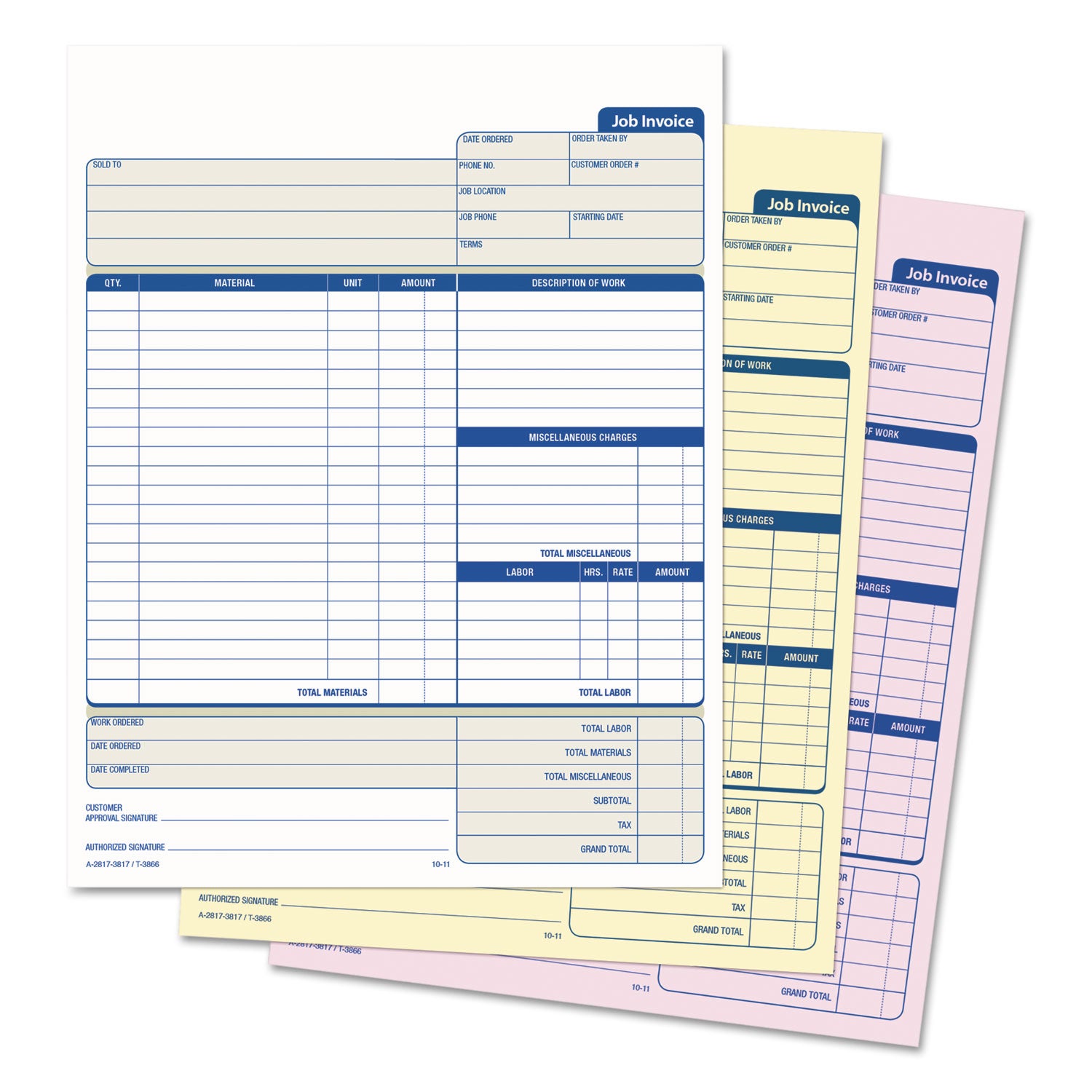 Job Invoice, Snap-Off Triplicate Form, Three-Part Carbonless, 8.5 x 11.63, 50 Forms Total - 