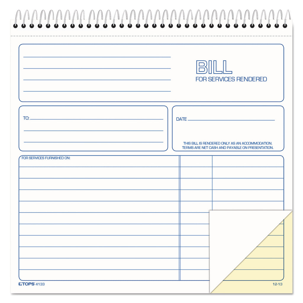 Bill for Services Rendered Book, Two-Part Carbonless, 8.5 x 7.75, 50 Forms Total - 