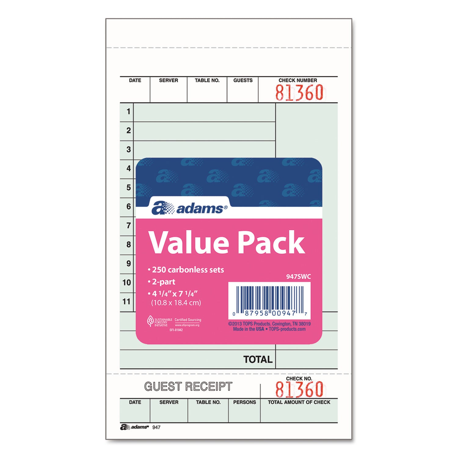 Guest Check Unit Set, Two-Part Carbonless, 6.75 x 4.25, 50 Forms/Pad, 5 Pads/Pack - 