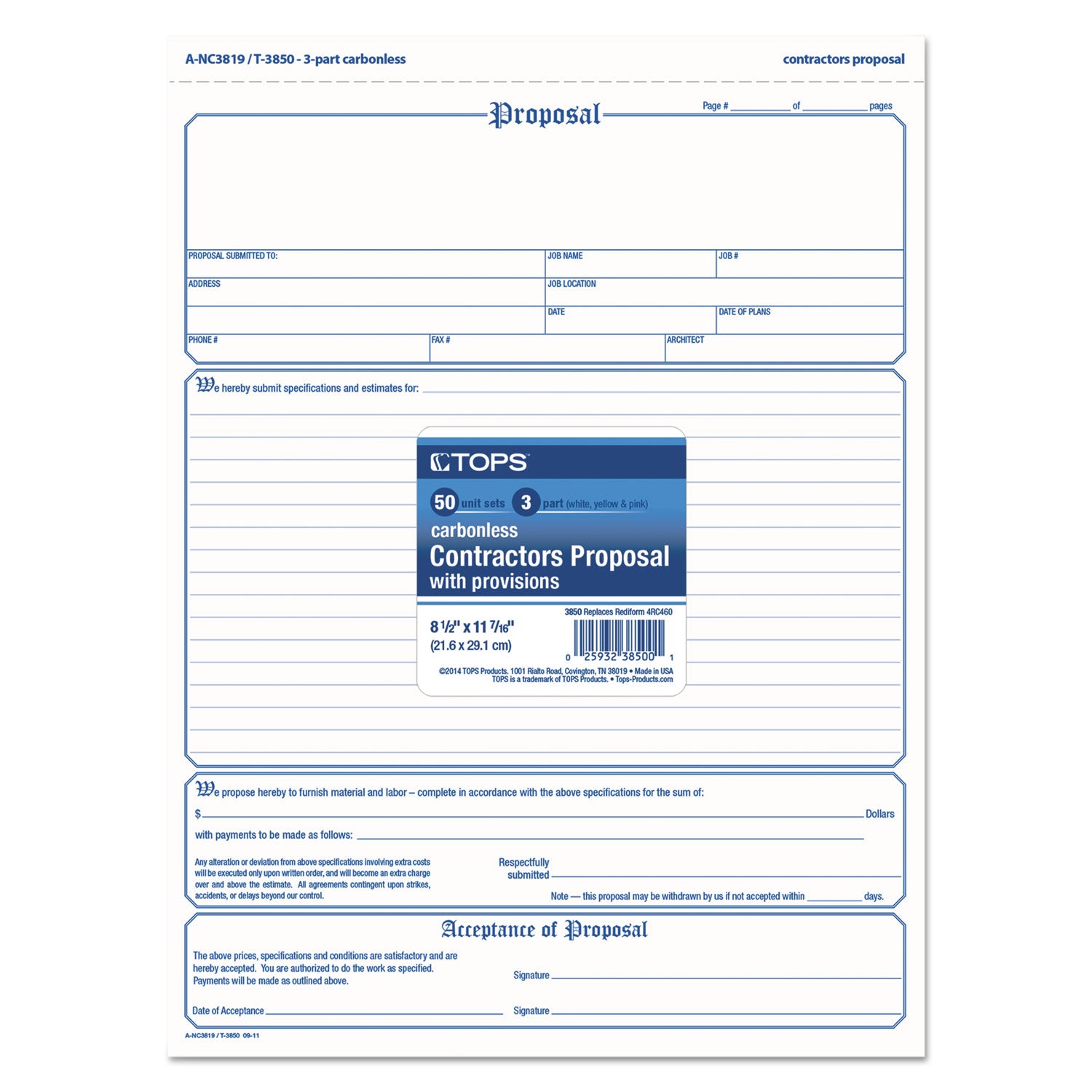 Proposal Form, Three-Part Carbonless, 11 x 8.5, 50 Forms Total - 