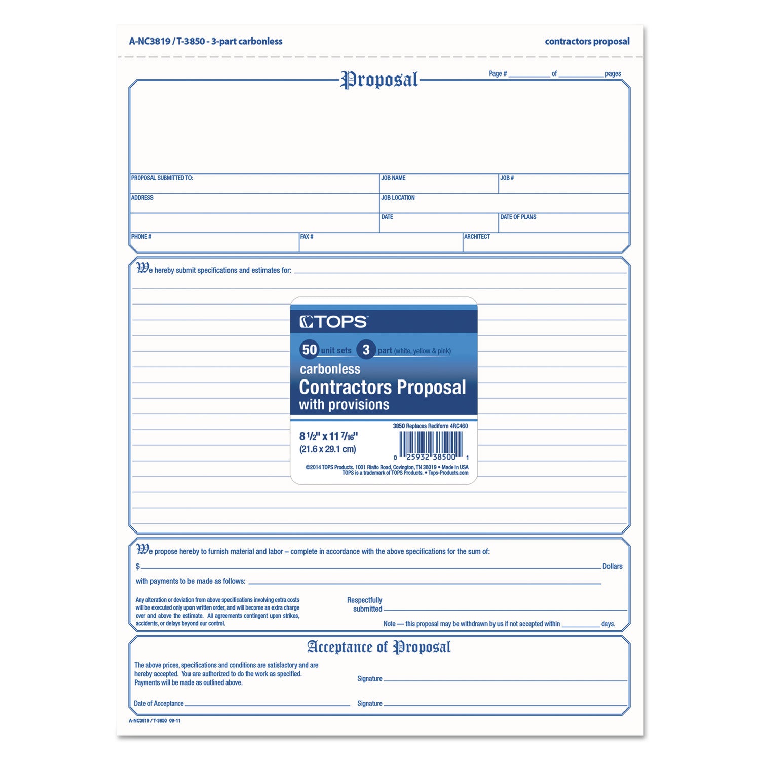 Proposal Form, Three-Part Carbonless, 11 x 8.5, 50 Forms Total