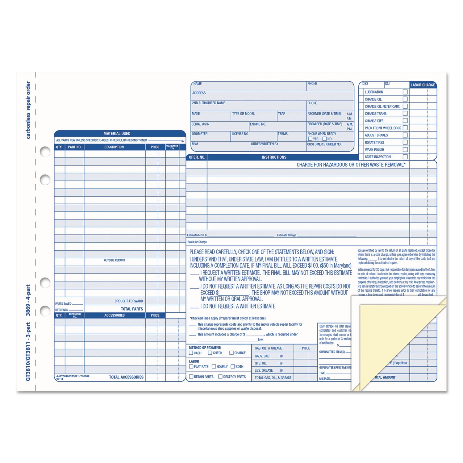 Auto Repair Four-Part Order Form, Four-Part Carbonless, 11 x 8.5, 50 Forms Total - 