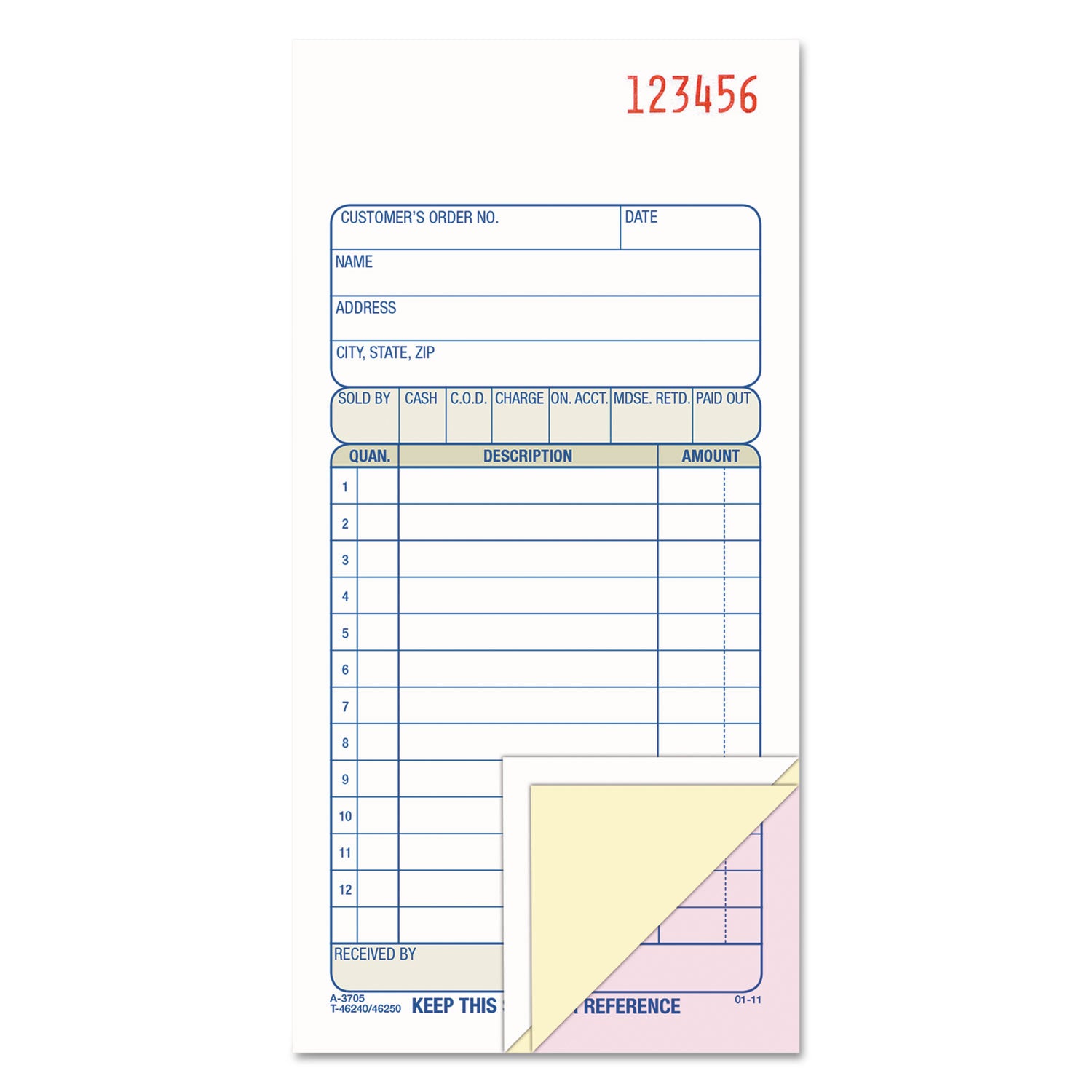 3-Part Sales Book, Three-Part Carbonless, 3.25 x 7.13, 50 Forms Total - 