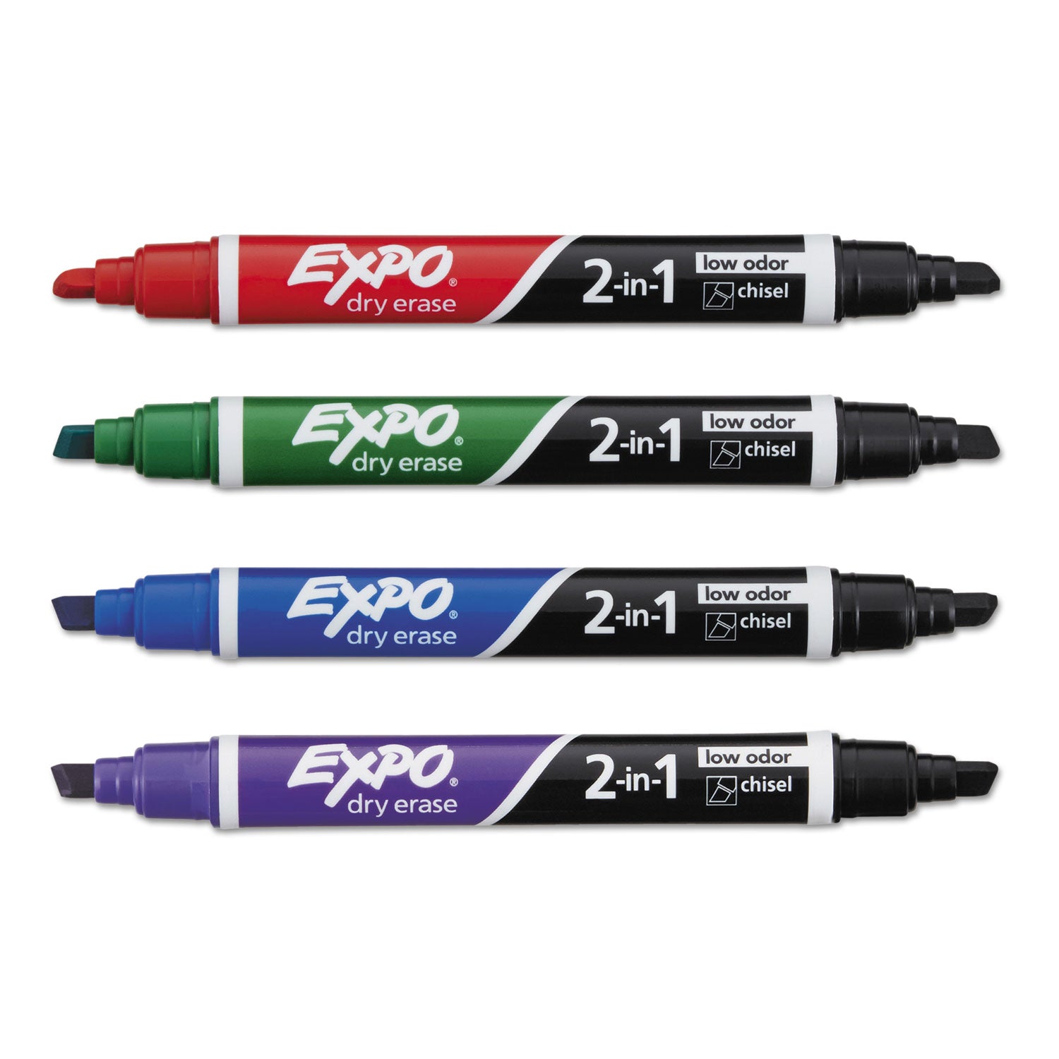 2-in-1 Dry Erase Markers, Fine/Broad Chisel Tips, Assorted Primary Colors, 4/Pack - 