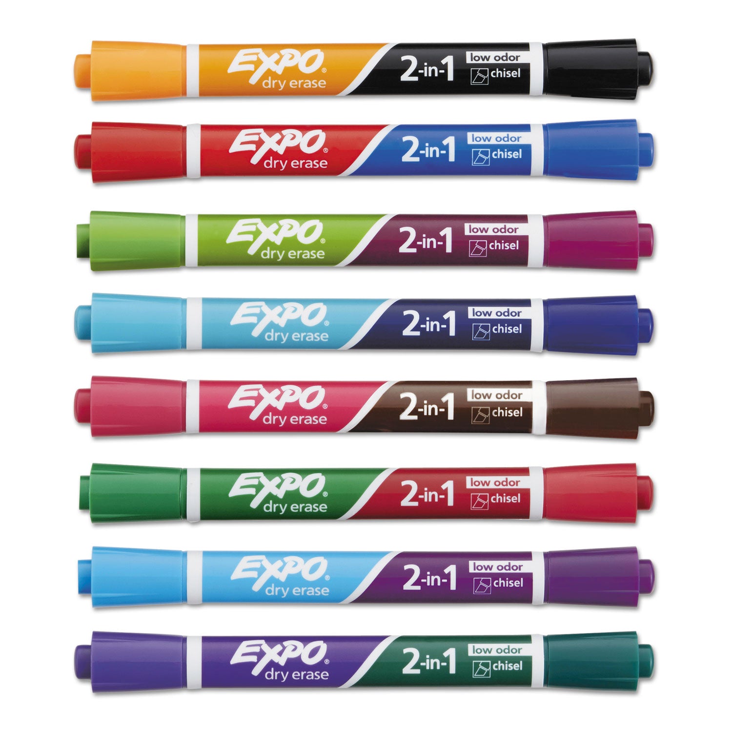 2-in-1 Dry Erase Markers, Fine/Broad Chisel Tips, Assorted Colors, 8/Pack - 