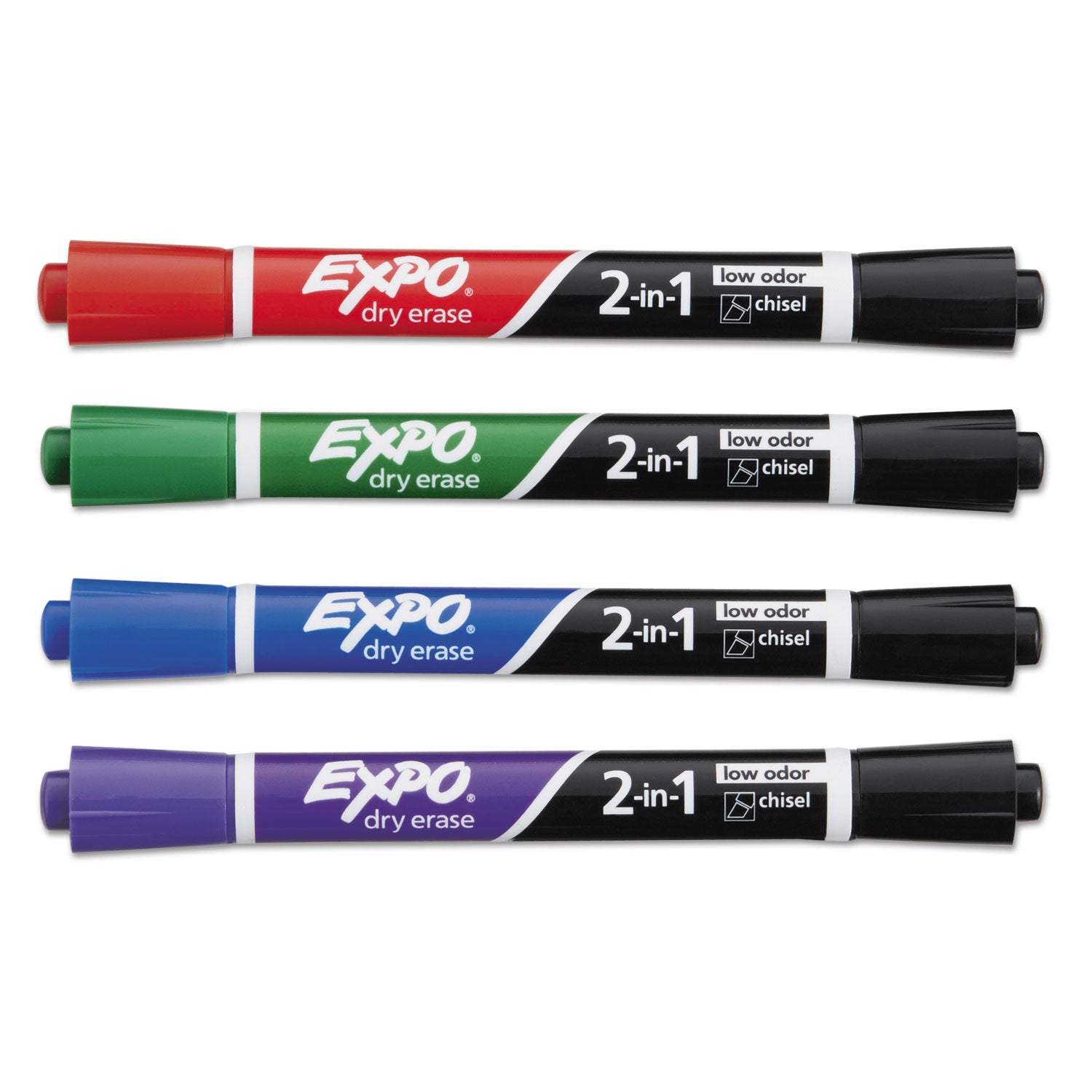 2-in-1 Dry Erase Markers, Fine/Broad Chisel Tips, Assorted Primary Colors, 4/Pack - 