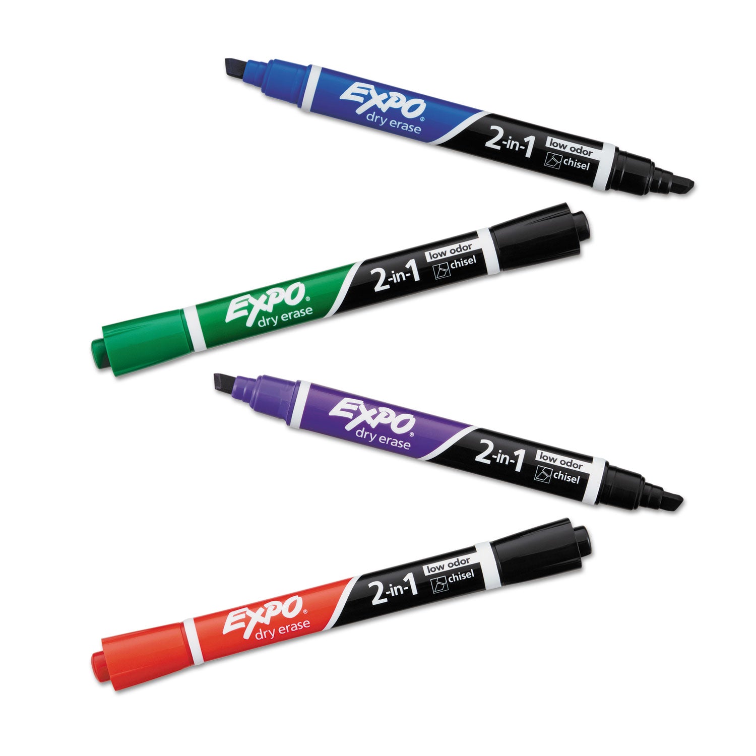 2-in-1 Dry Erase Markers, Fine/Broad Chisel Tips, Assorted Primary Colors, 4/Pack - 