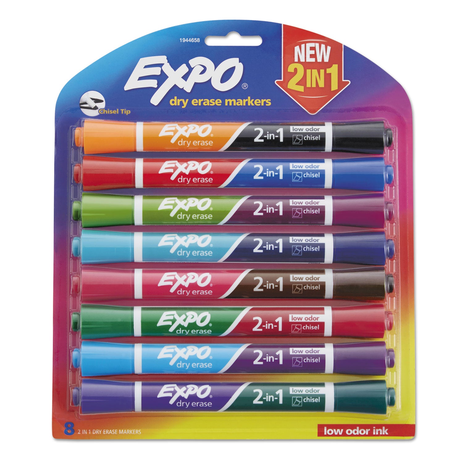 2-in-1 Dry Erase Markers, Fine/Broad Chisel Tips, Assorted Colors, 8/Pack - 