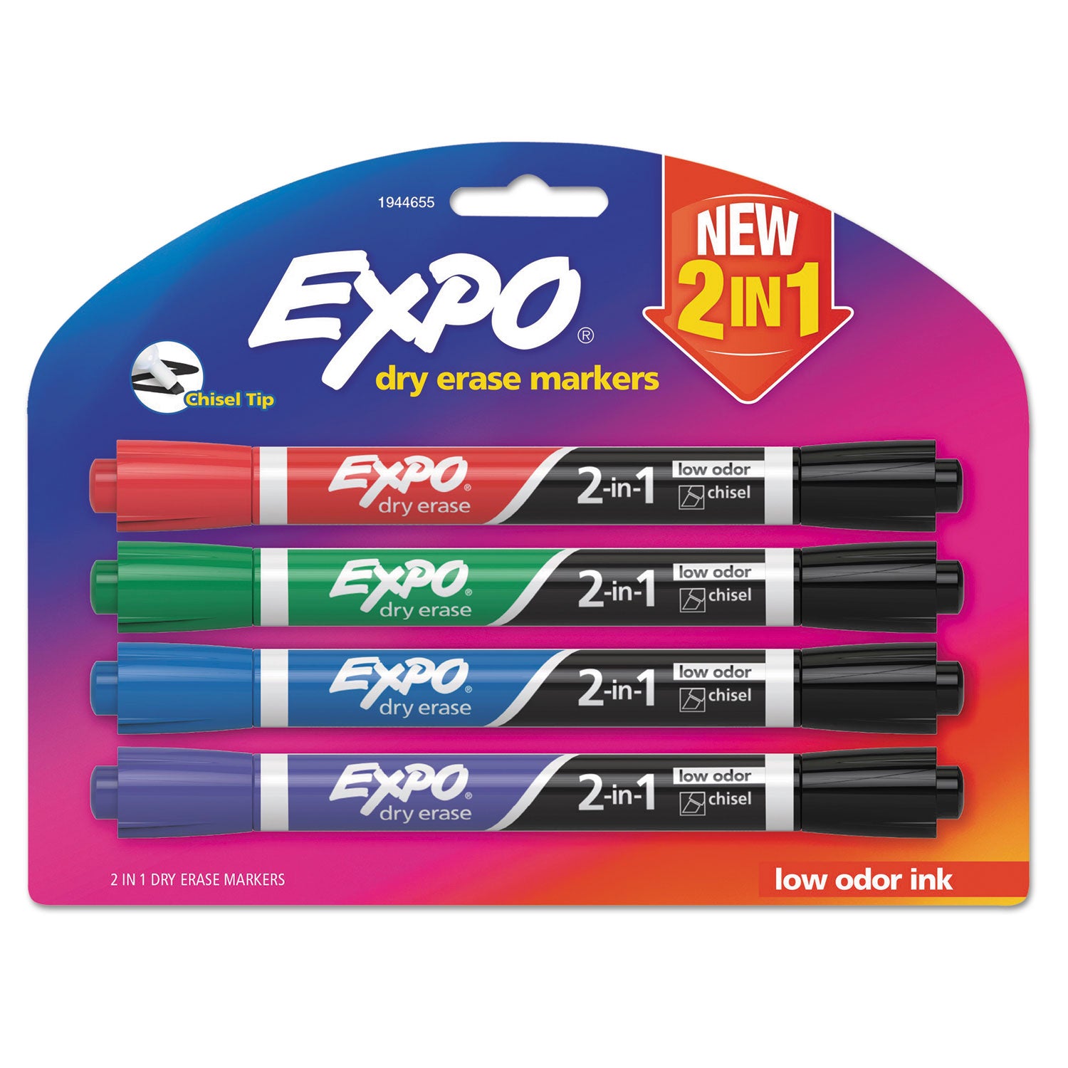 2-in-1 Dry Erase Markers, Fine/Broad Chisel Tips, Assorted Primary Colors, 4/Pack - 