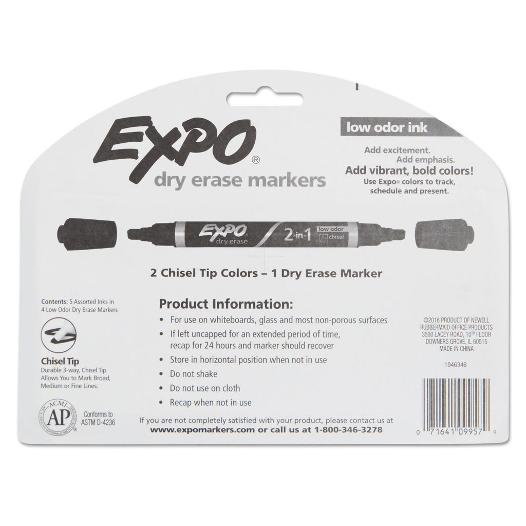 2-in-1 Dry Erase Markers, Fine/Broad Chisel Tips, Assorted Primary Colors, 4/Pack