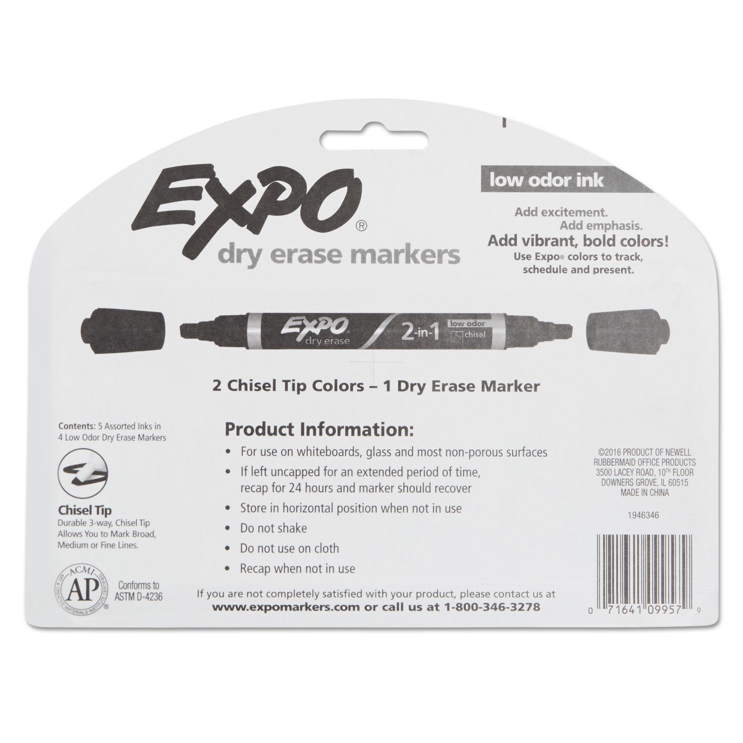 2-in-1 Dry Erase Markers, Fine/Broad Chisel Tips, Assorted Primary Colors, 4/Pack