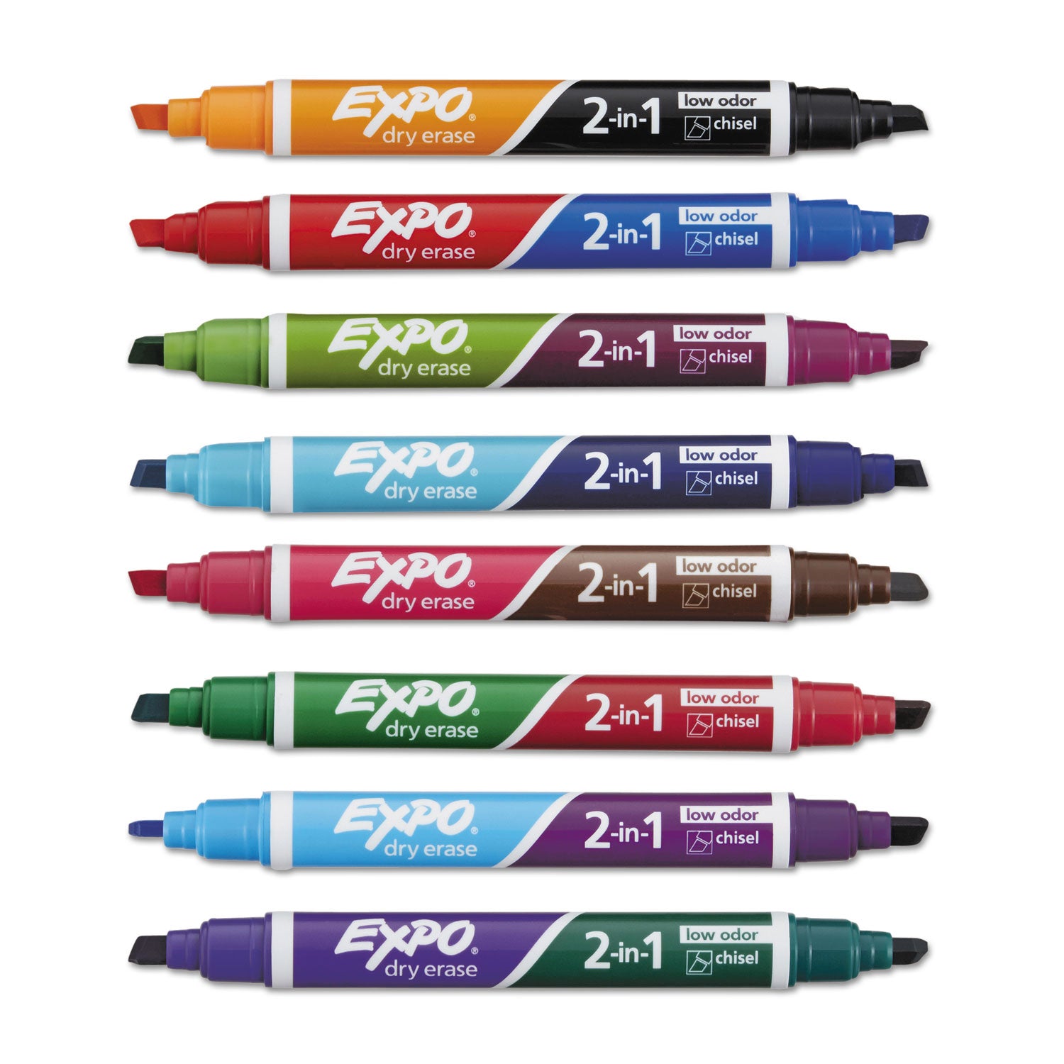 2-in-1 Dry Erase Markers, Fine/Broad Chisel Tips, Assorted Colors, 8/Pack - 