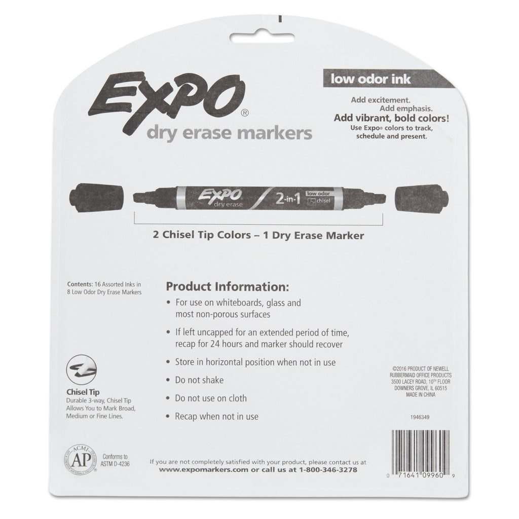 2-in-1 Dry Erase Markers, Fine/Broad Chisel Tips, Assorted Colors, 8/Pack