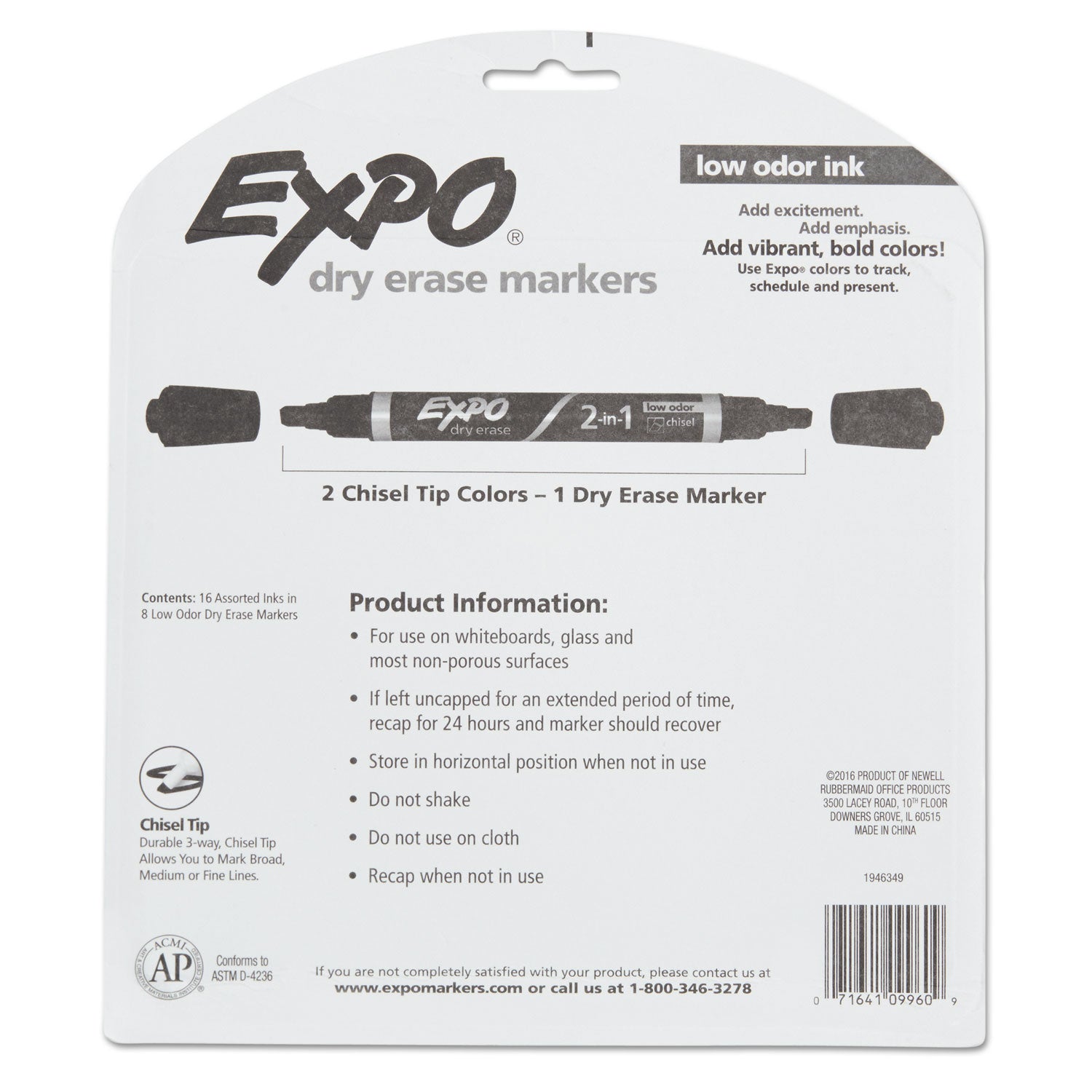 2-in-1 Dry Erase Markers, Fine/Broad Chisel Tips, Assorted Colors, 8/Pack