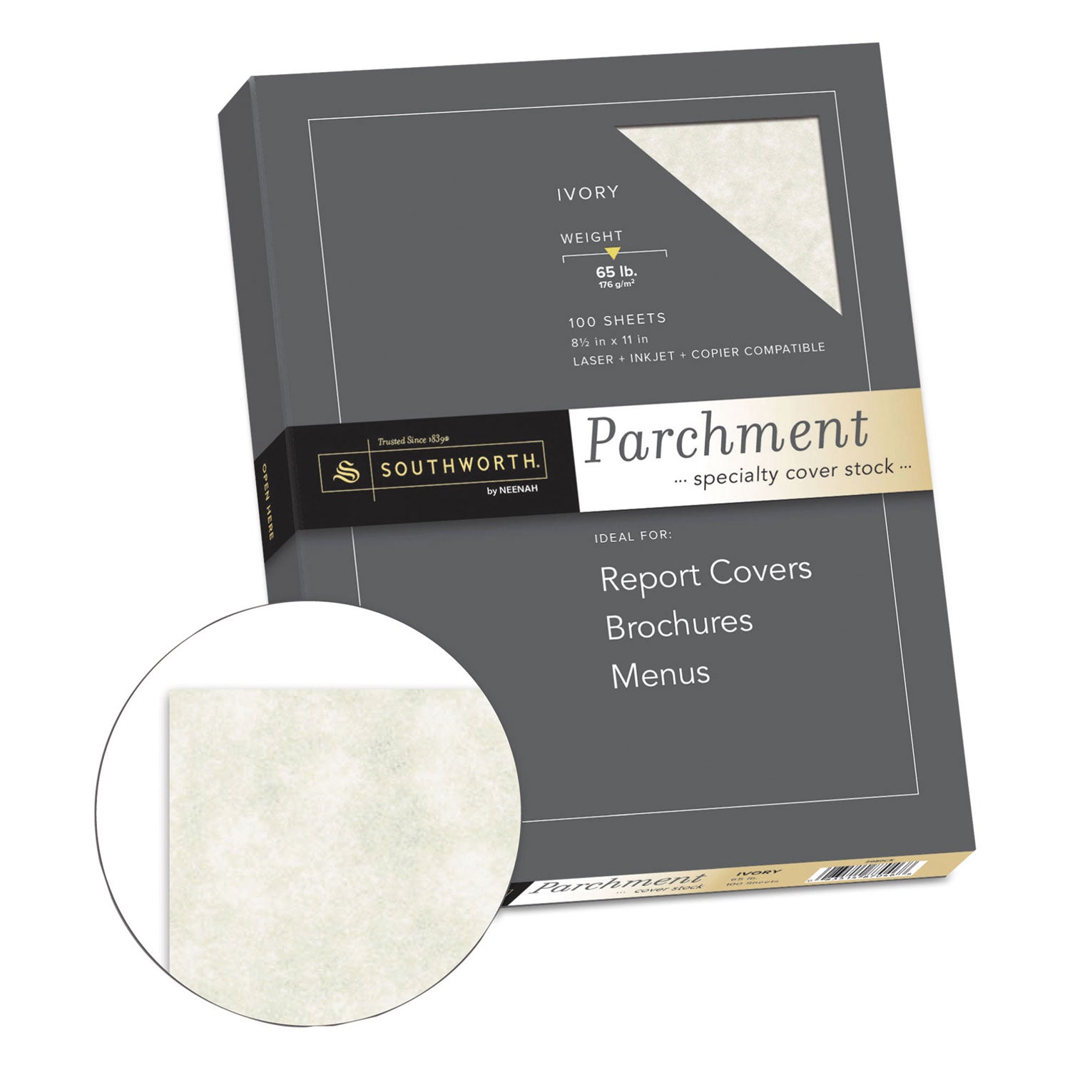 Parchment Specialty Paper, 65 lb Cover Weight, 8.5 x 11, Ivory, 100/Box - 