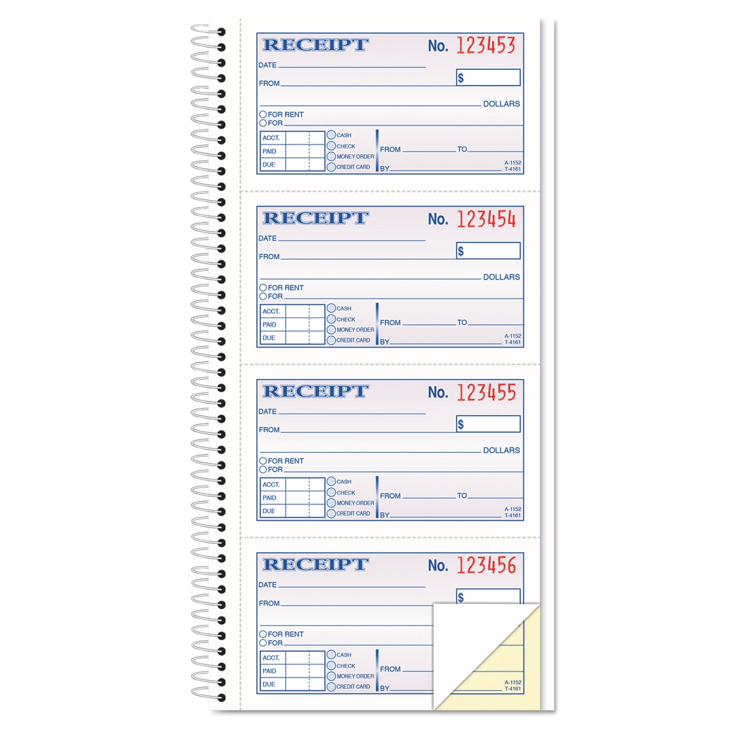 Spiralbound Money and Rent Receipt Book, Two-Part Carbonless, 4.75 x 2.75, 4 Forms/Sheet, 200 Forms Total - 1