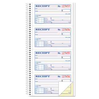 Spiralbound Money and Rent Receipt Book, Two-Part Carbonless, 4.75 x 2.75, 4 Forms/Sheet, 200 Forms Total - 1
