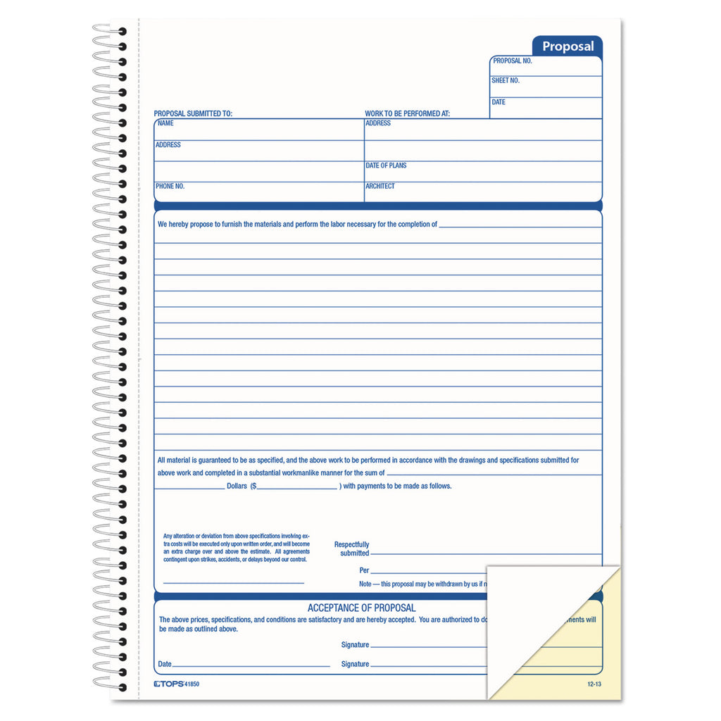 Spiralbound Proposal Form Book, Two-Part Carbonless, 11 x 8.5, 50 Forms Total - 