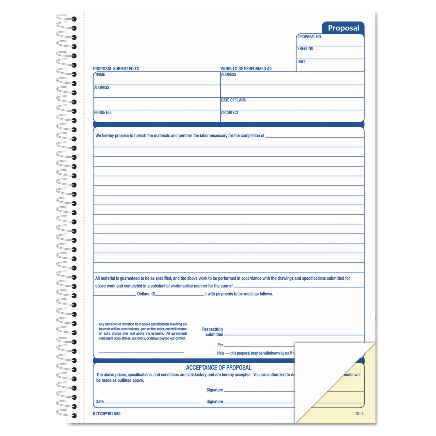 Spiralbound Proposal Form Book, Two-Part Carbonless, 11 x 8.5, 50 Forms Total - 