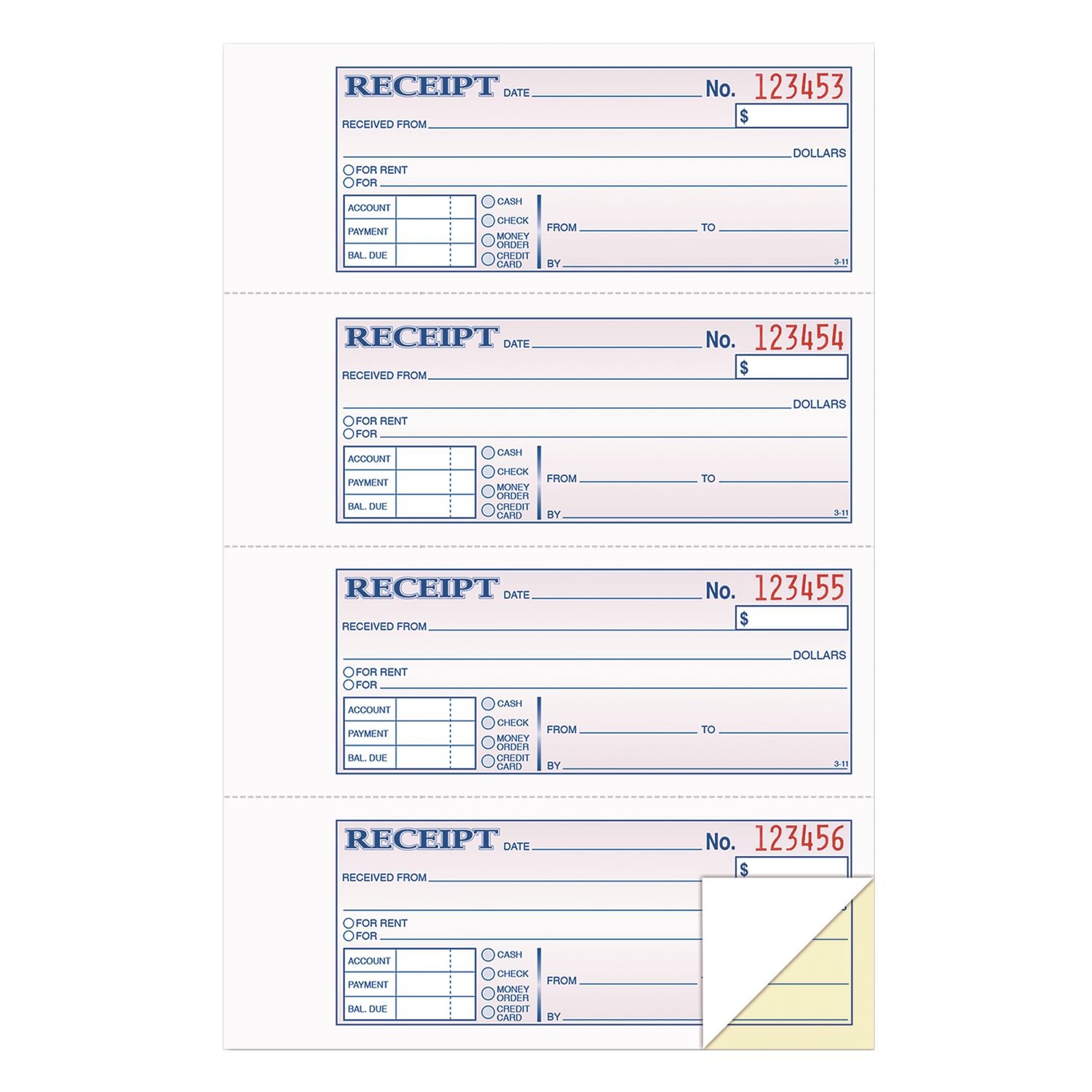 Money and Rent Receipt Books, Account + Payment Sections, Two-Part Carbonless, 7.13 x 2.75, 4 Forms/Sheet, 400 Forms Total