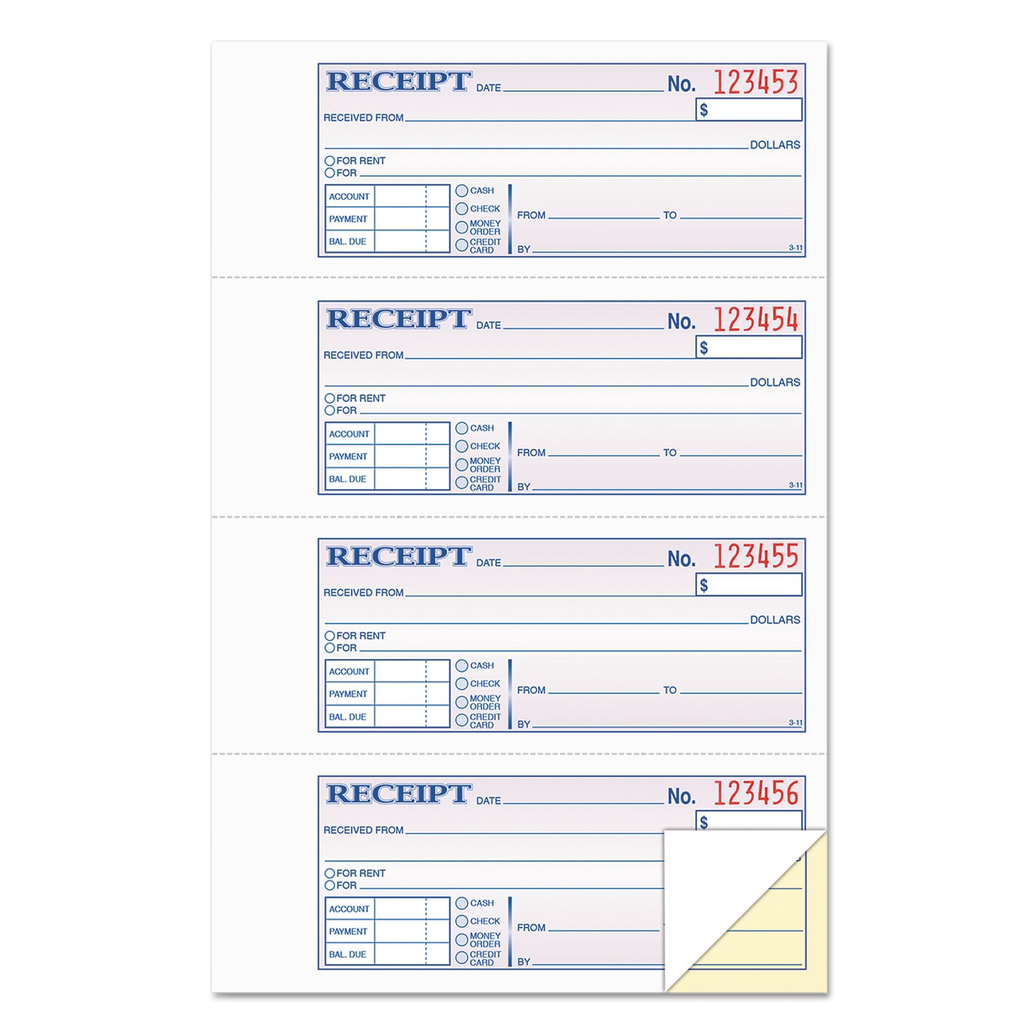 Money and Rent Receipt Books, Account + Payment Sections, Two-Part Carbonless, 7.13 x 2.75, 4 Forms/Sheet, 400 Forms Total - 