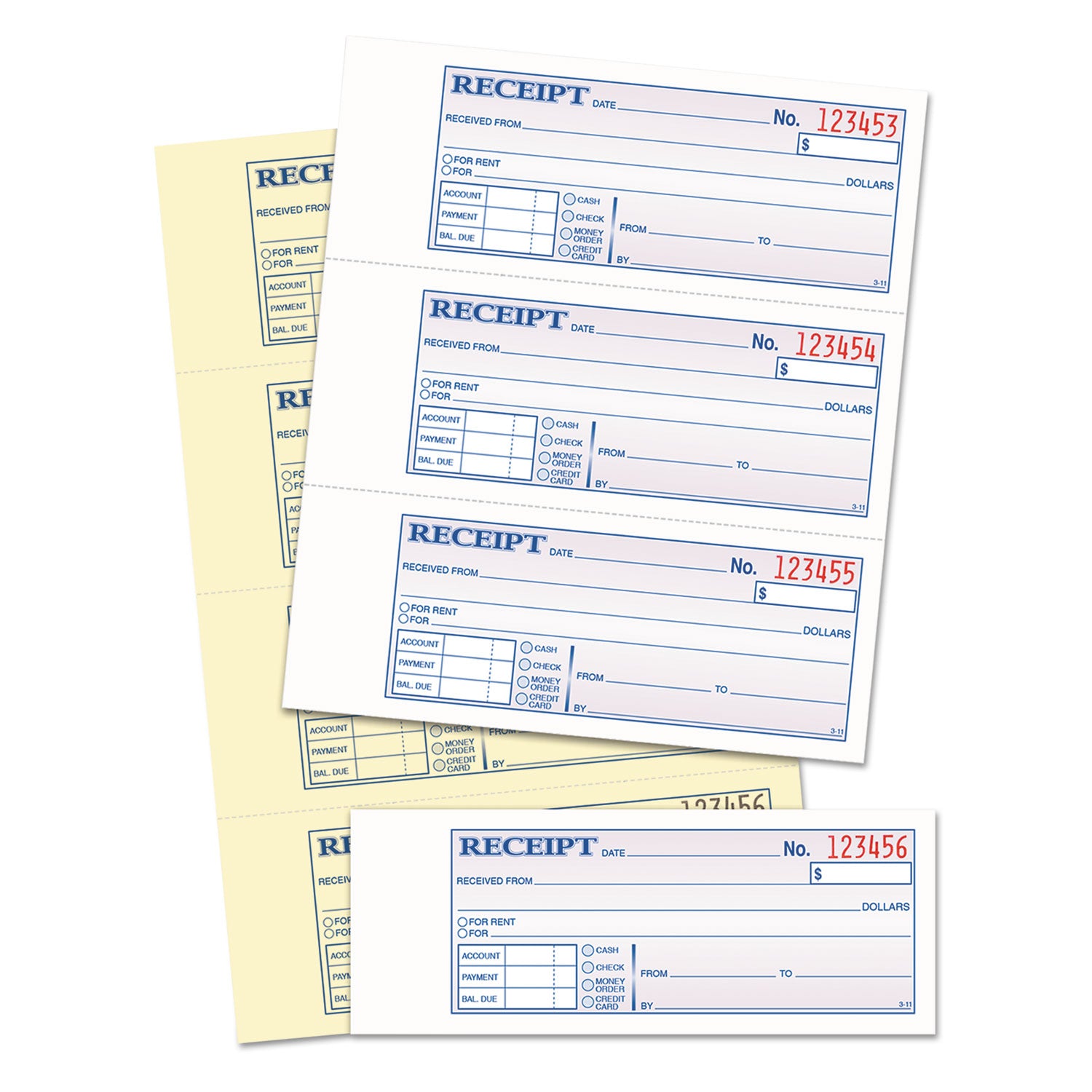 Money and Rent Receipt Books, Account + Payment Sections, Two-Part Carbonless, 7.13 x 2.75, 4 Forms/Sheet, 200 Forms Total - 