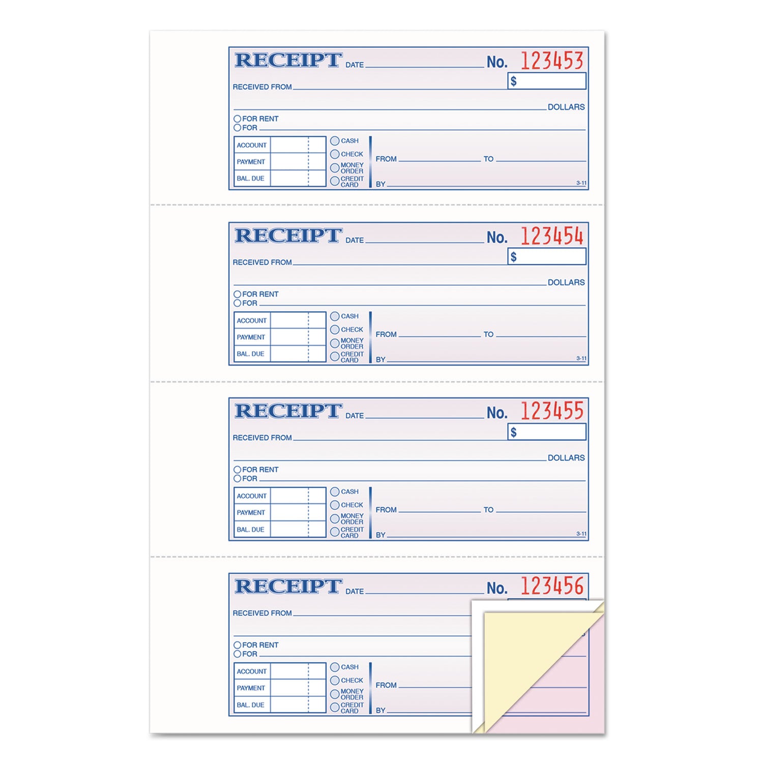 Money and Rent Receipt Book, Account + Payment Sections, Three-Part Carbonless, 7.13 x 2.75, 4 Forms/Sheet, 100 Forms Total - 