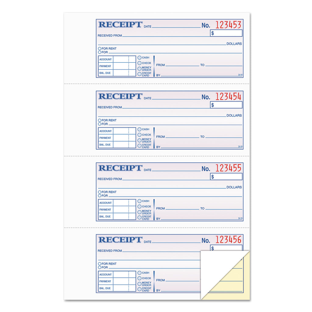 Money and Rent Receipt Books, Account + Payment Sections, Two-Part Carbonless, 7.13 x 2.75, 4 Forms/Sheet, 200 Forms Total - 