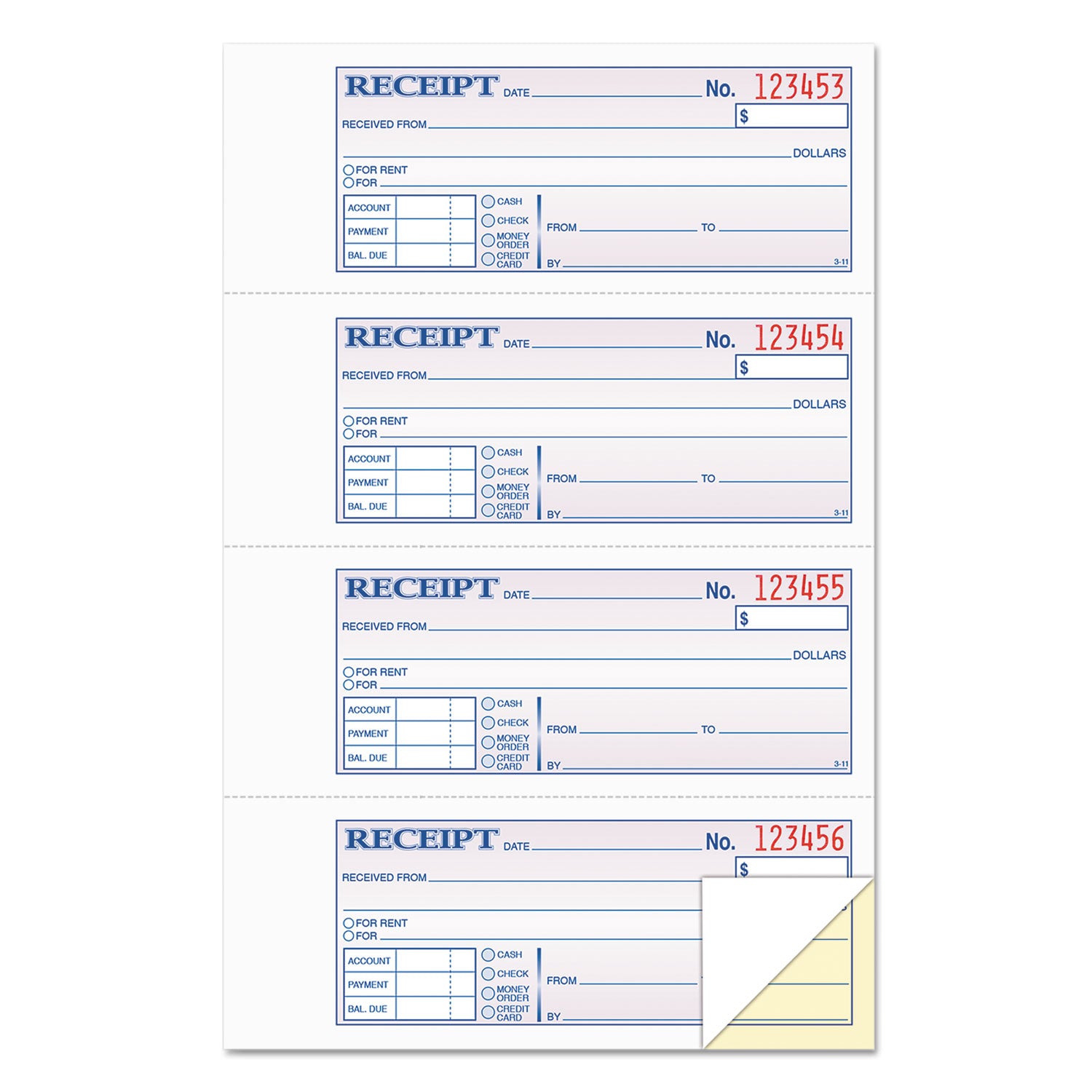 Money and Rent Receipt Books, Account + Payment Sections, Two-Part Carbonless, 7.13 x 2.75, 4 Forms/Sheet, 200 Forms Total - 