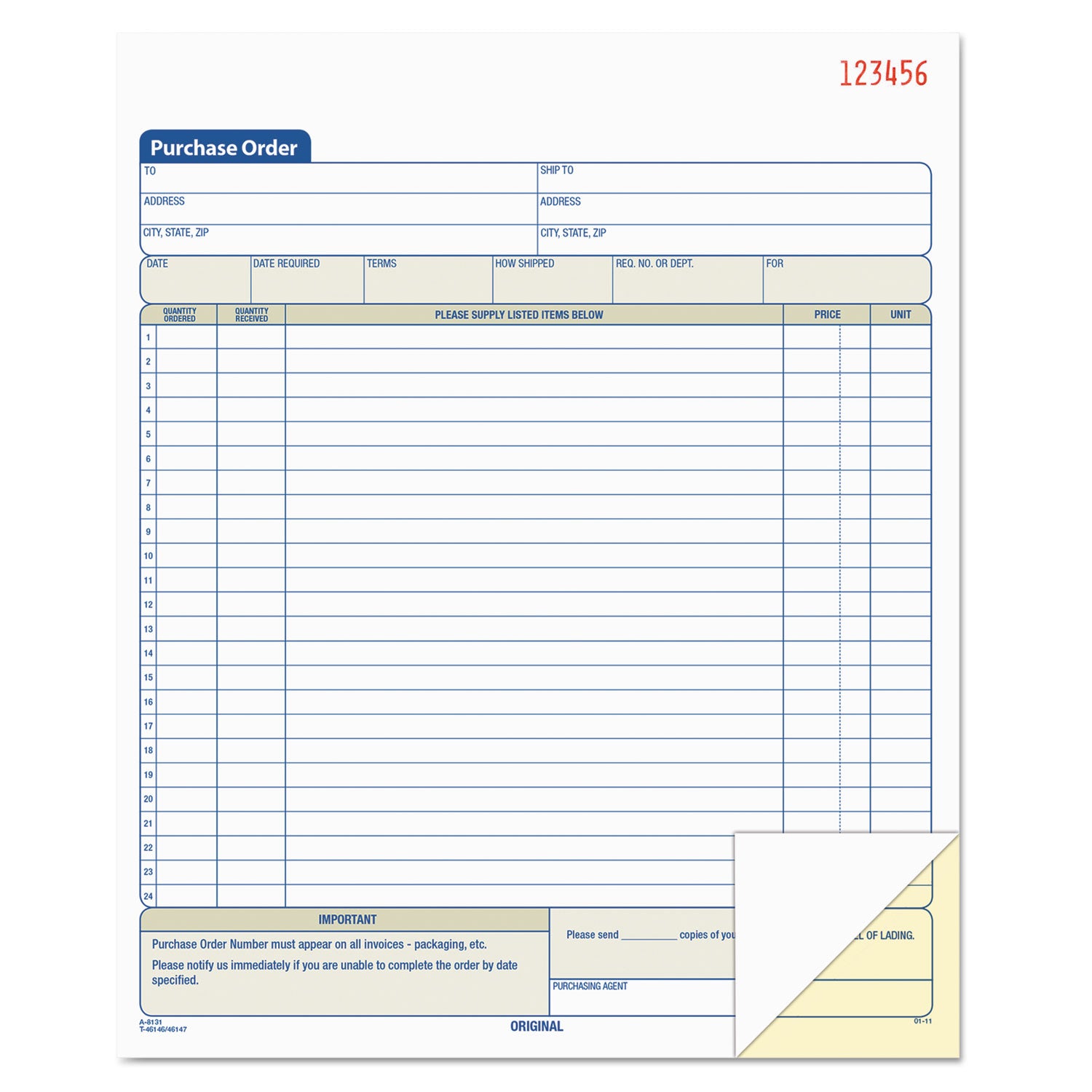 Purchase Order Book, 22 Lines, Two-Part Carbonless, 8.38 x 10.19, 50 Forms Total - 