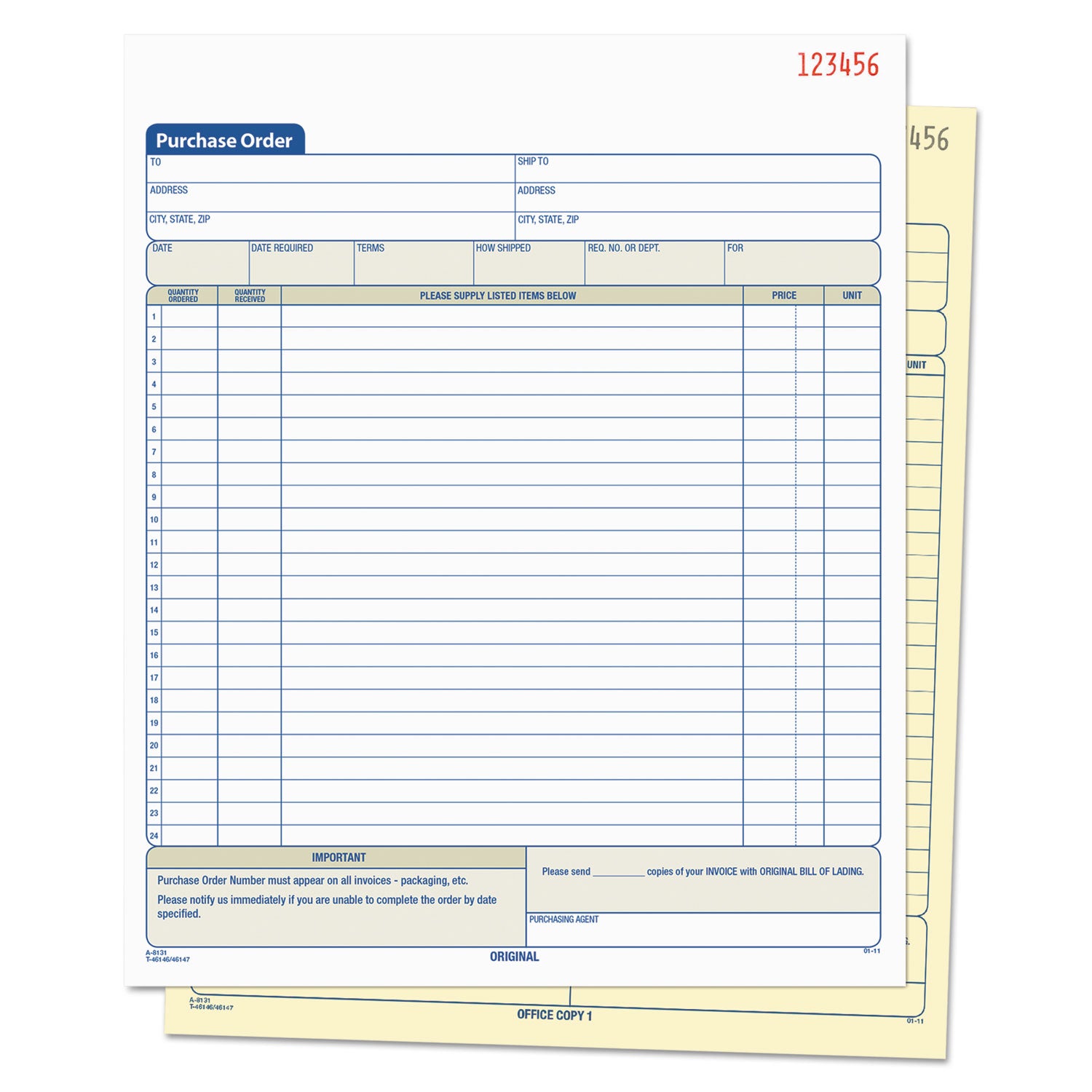 Purchase Order Book, 22 Lines, Two-Part Carbonless, 8.38 x 10.19, 50 Forms Total - 