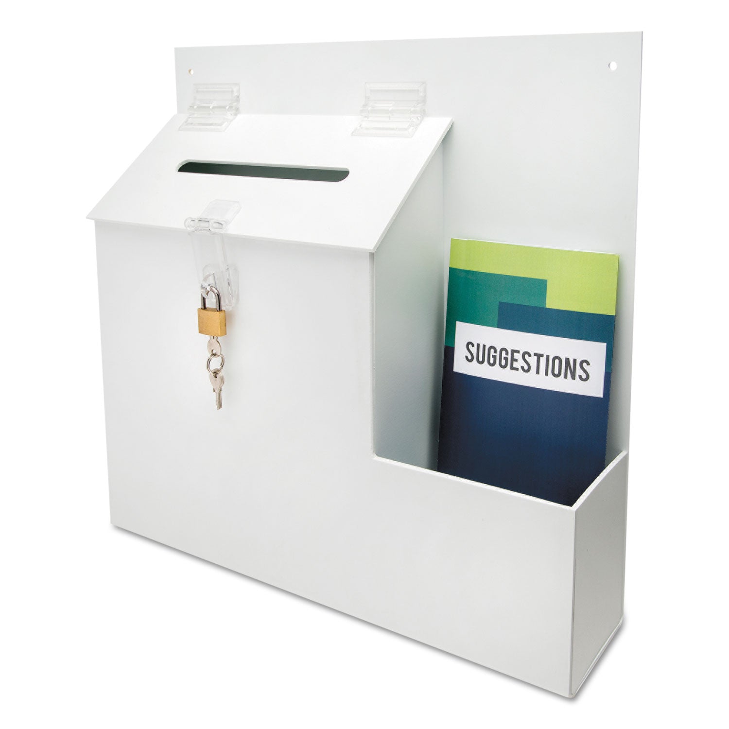 Suggestion Box Literature Holder with Locking Top, 13.75 x 3.63 x 13.94, Plastic, White, Ships in 4-6 Business Days - 