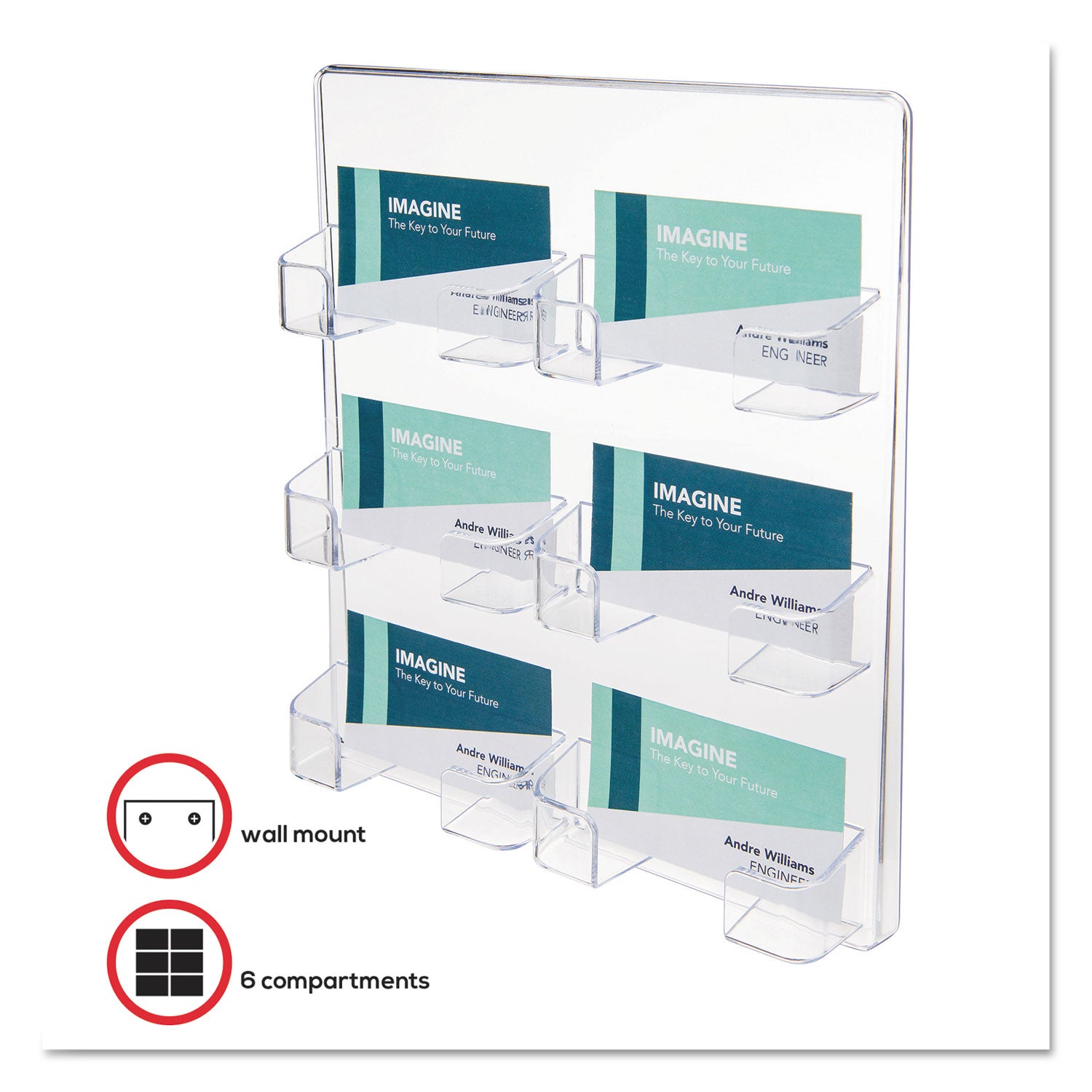 6-Pocket Business Card Holder, Holds 480 Cards, 8.5 x 1.63 x 9.75, Plastic, Clear - 