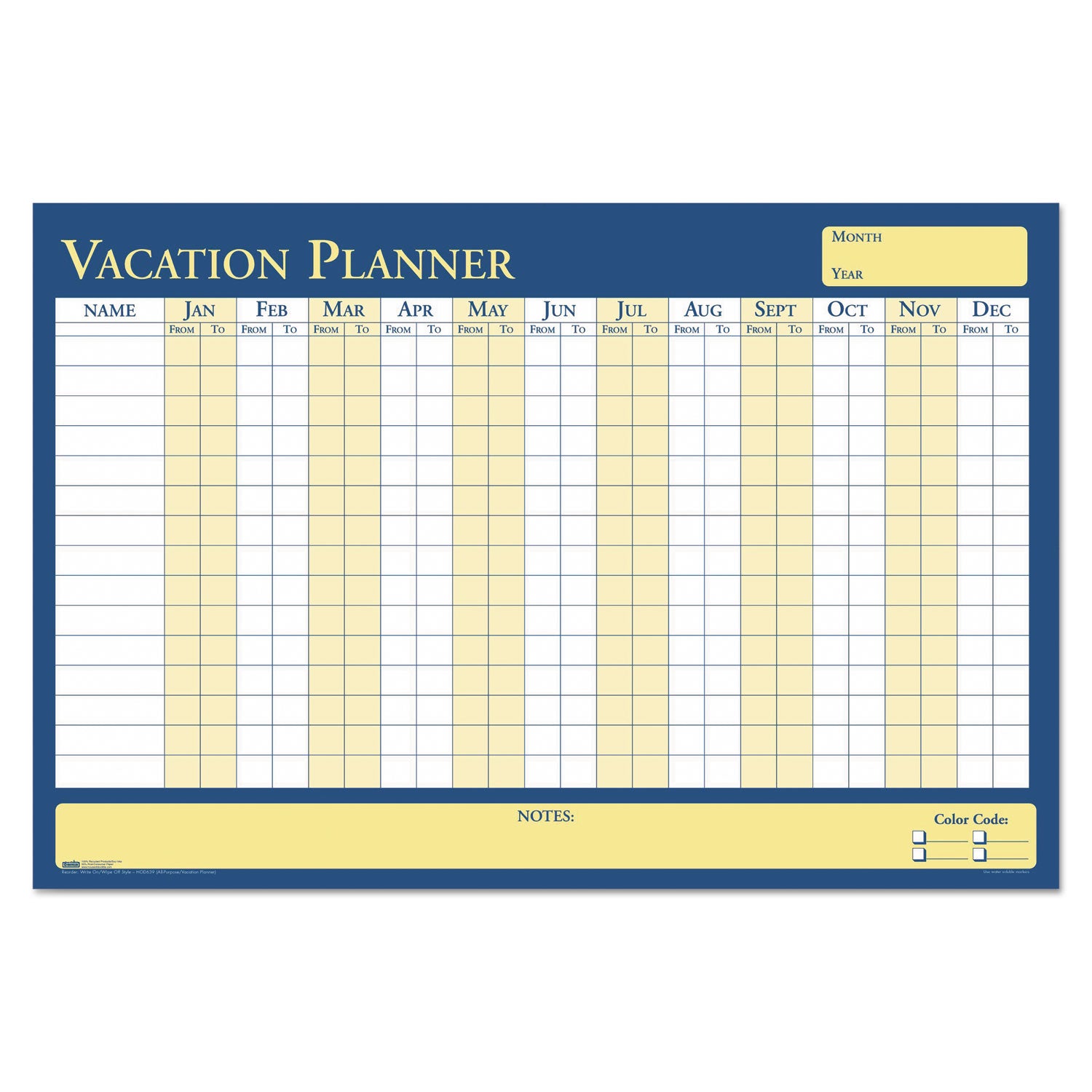 100% Recycled All-Purpose/Vacation Planner, 36 x 24, White/Blue/Yellow Surface - 