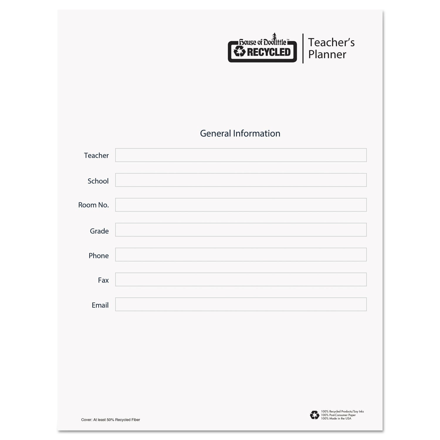 Recycled Teacher's Planner, Weekly, Two-Page Spread (Seven Classes), 11 x 8.5, Blue Cover
