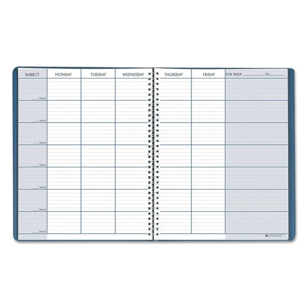Recycled Teacher's Planner, Weekly, Two-Page Spread (Seven Classes), 11 x 8.5, Blue Cover