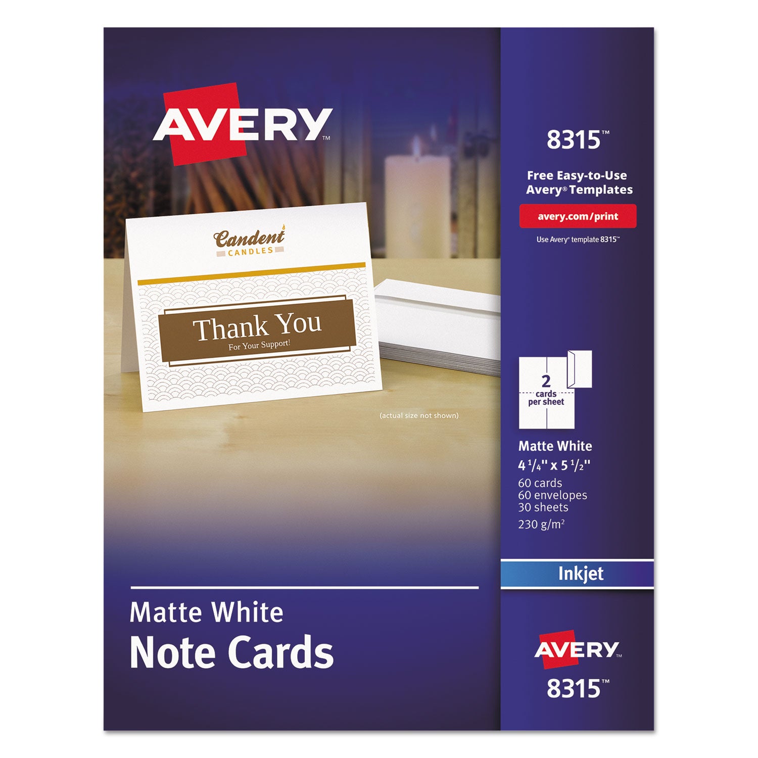 Note Cards with Matching Envelopes, Inkjet, 85 lb, 4.25 x 5.5, Matte White, 60 Cards, 2 Cards/Sheet, 30 Sheets/Pack - 