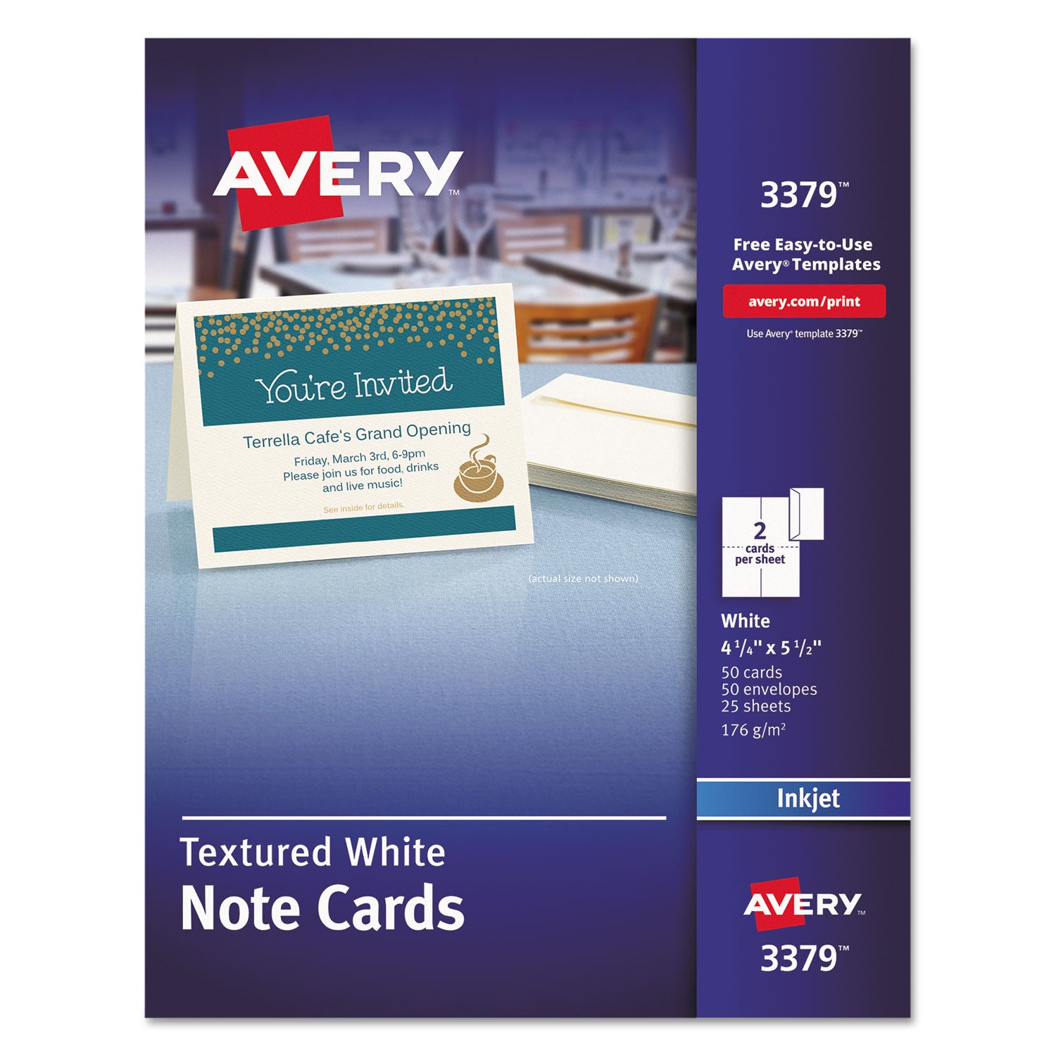 Note Cards with Matching Envelopes, Inkjet, 65lb, 4.25 x 5.5, Textured Uncoated White, 50 Cards, 2 Cards/Sheet, 25 Sheets/Box - 
