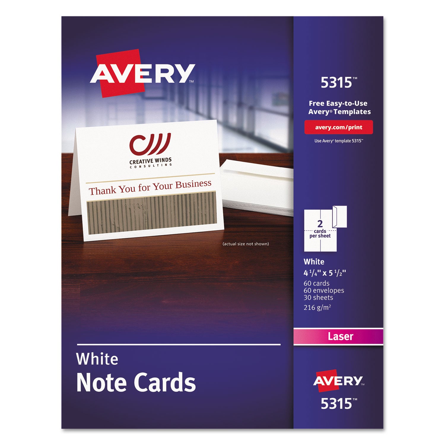 Note Cards with Matching Envelopes, Laser, 80 lb, 4.25 x 5.5, Uncoated White, 60 Cards, 2 Cards/Sheet, 30 Sheets/Pack - 