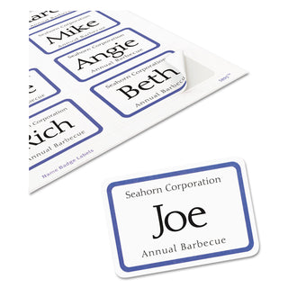 Flexible Adhesive Name Badge Labels, 3.38 x 2.33, White/Blue Border, 400/Box