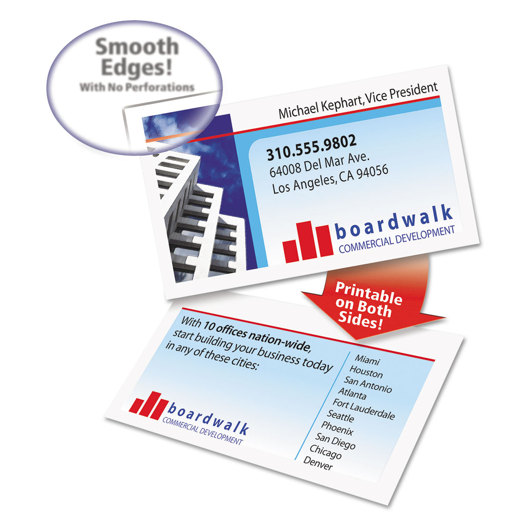 Clean Edge Business Cards, Laser, 2 x 3.5, White, 200 Cards, 10 Cards/Sheet, 20 Sheets/Pack