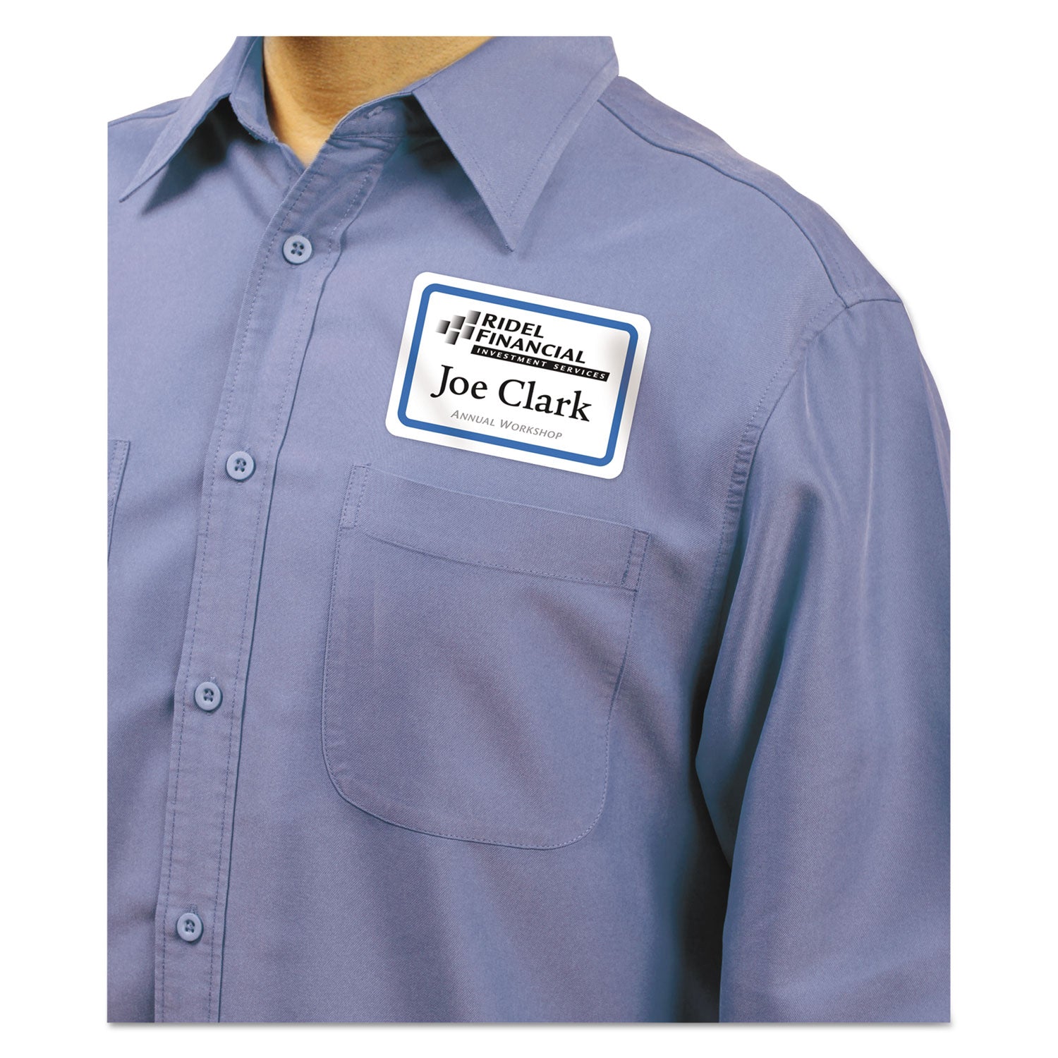 Flexible Adhesive Name Badge Labels, 3.38 x 2.33, White/Blue Border, 400/Box