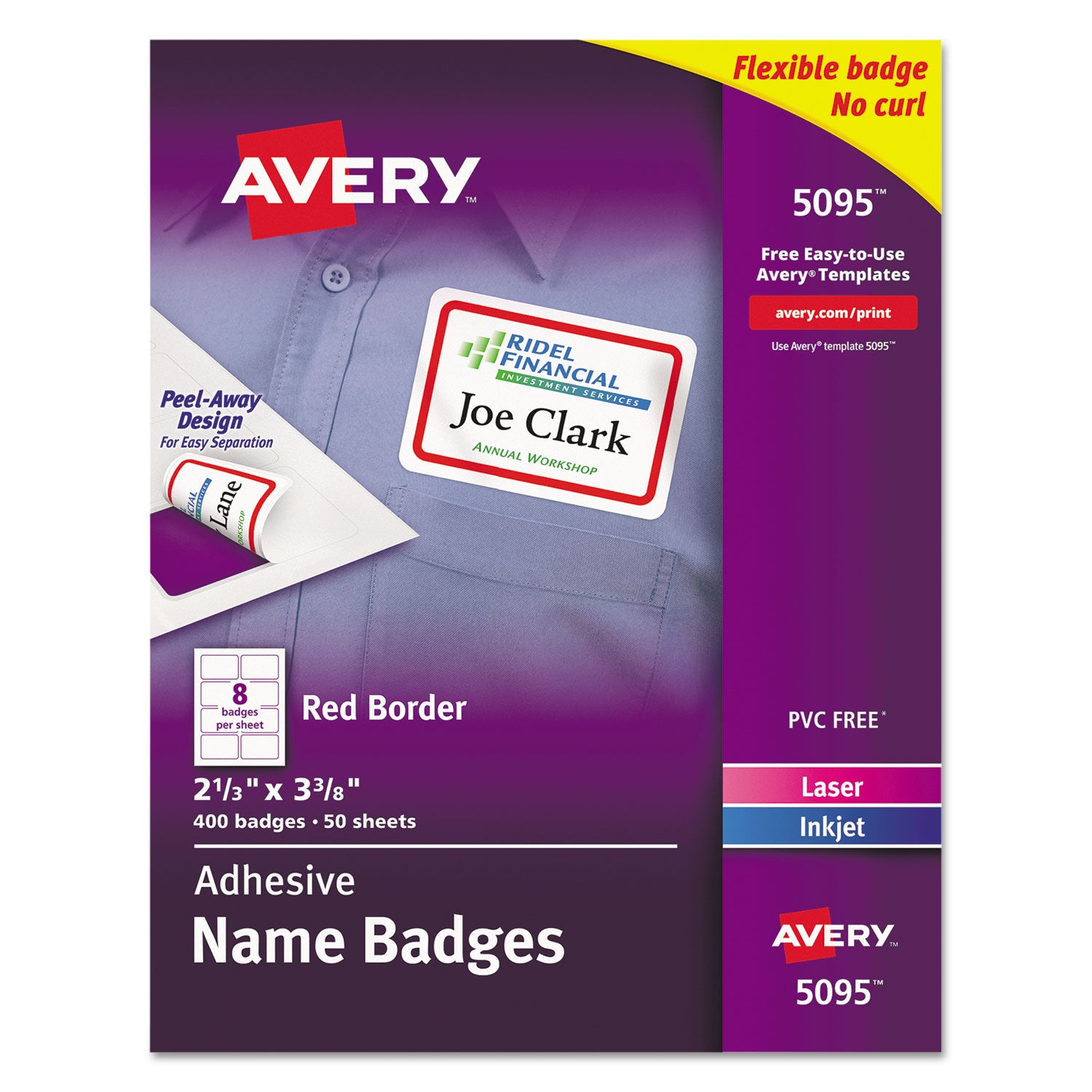 Flexible Adhesive Name Badge Labels, 3.38 x 2.33, White/Red Border, 400/Box - 