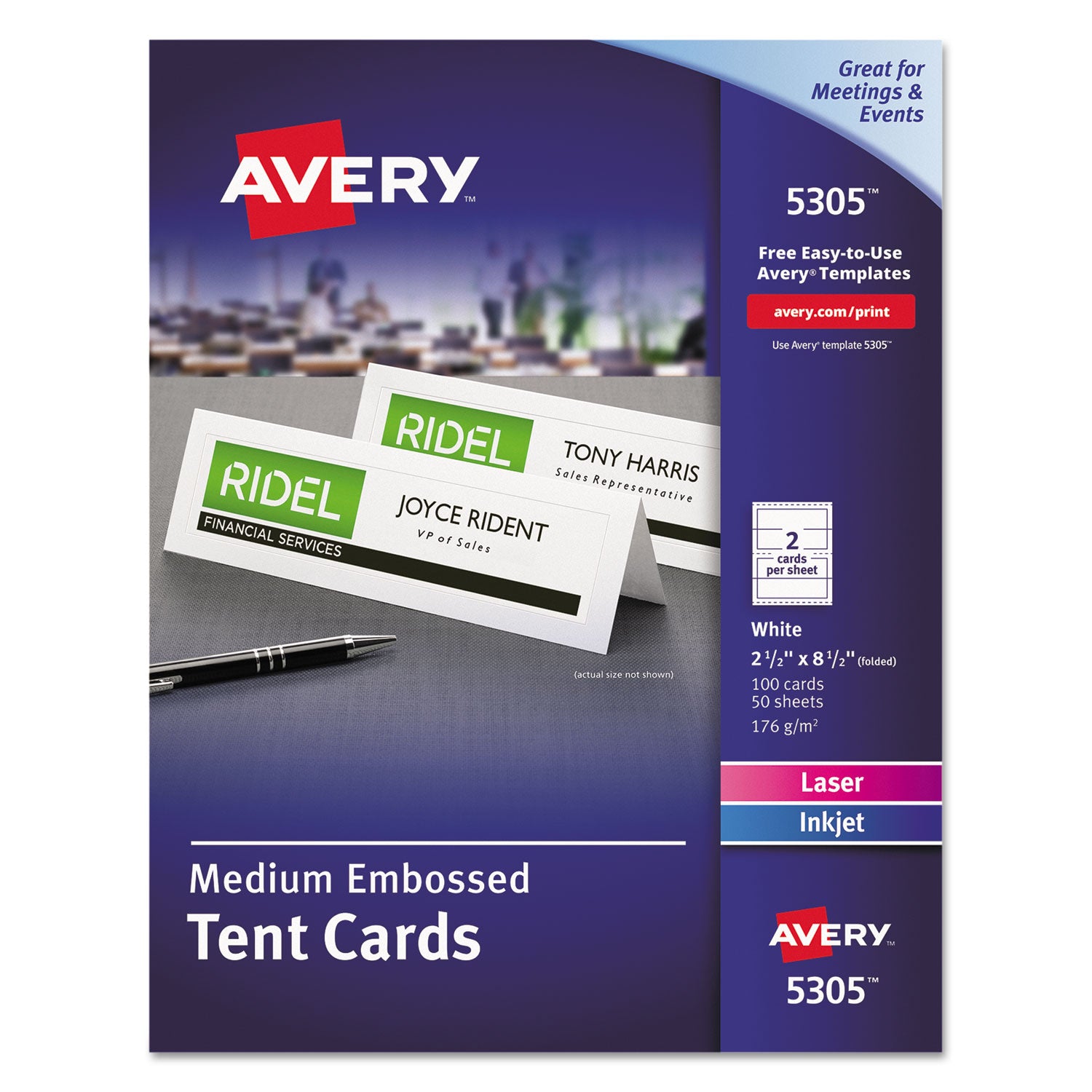 Medium Embossed Tent Cards, White, 2.5 x 8.5, 2 Cards/Sheet, 50 Sheets/Box - 