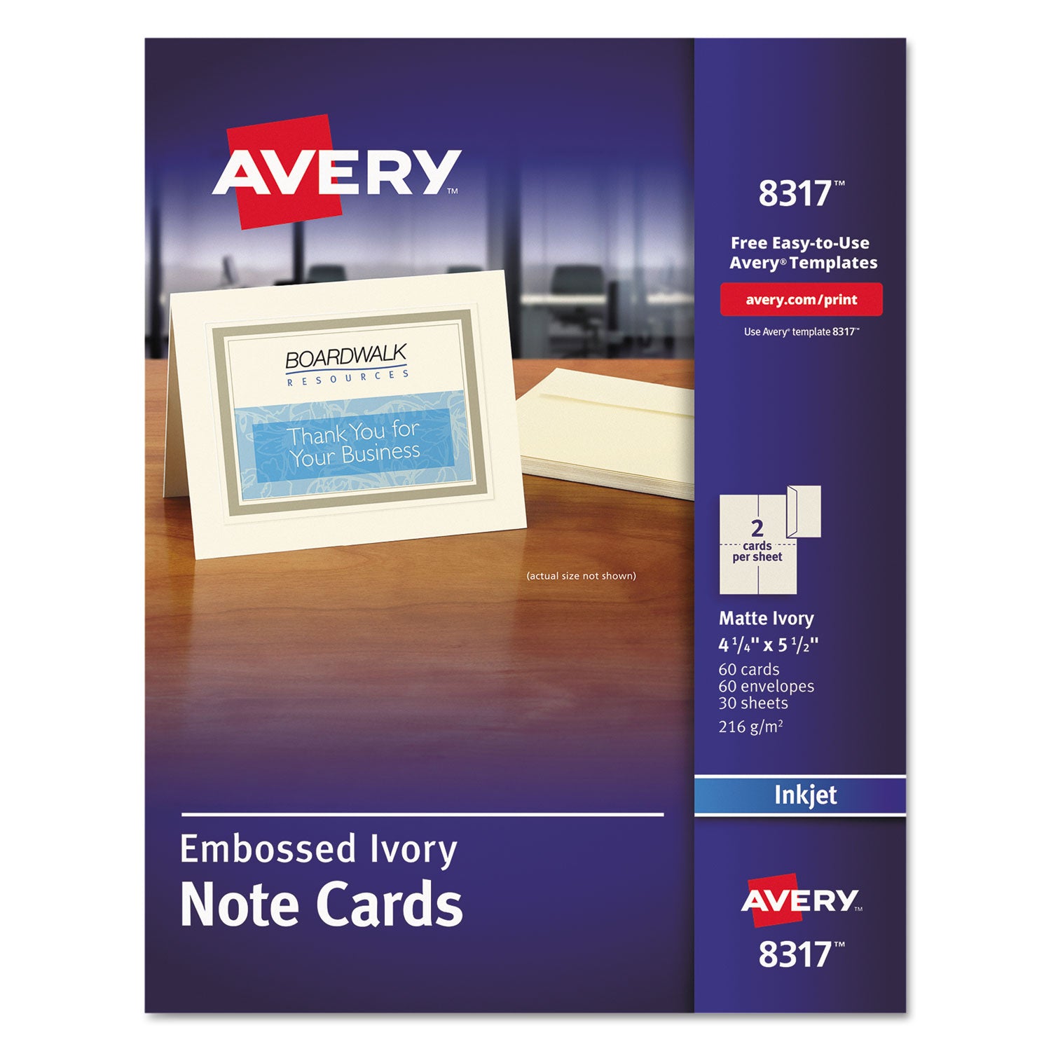 Note Cards with Matching Envelopes, Inkjet, 80 lb, 4.25 x 5.5, Embossed Matte Ivory, 60 Cards, 2 Cards/Sheet, 30 Sheets/Pack - 