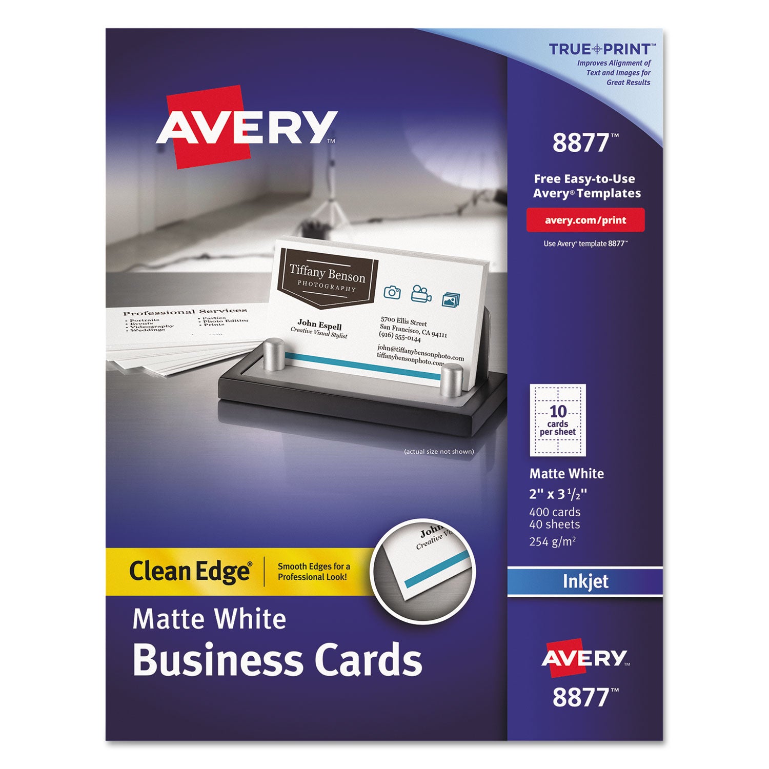 True Print Clean Edge Business Cards, Inkjet, 2 x 3.5, White, 400 Cards, 10 Cards/Sheet, 40 Sheets/Box - 